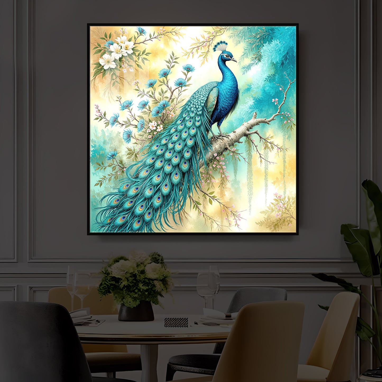 Peacock Perch Art Modern Luxury Backlight Square Wall Art