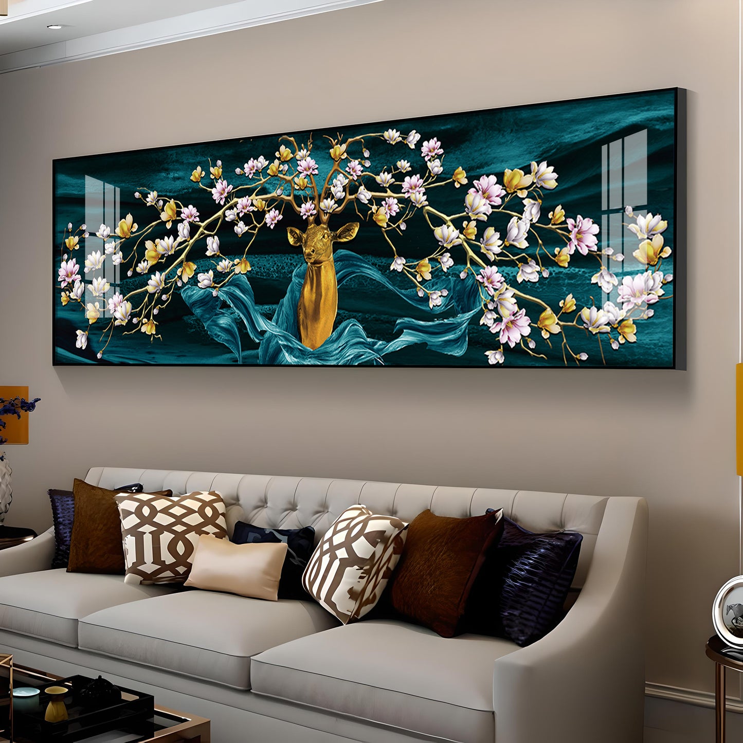 Golden Deer With Flowering Premium Acrylic Horizontal Wall Art