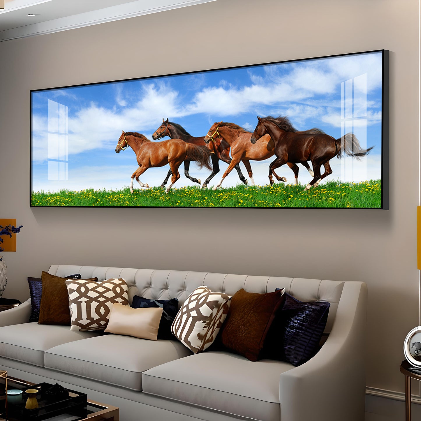 Horses In Green Grass Premium Acrylic Horizontal Wall Art