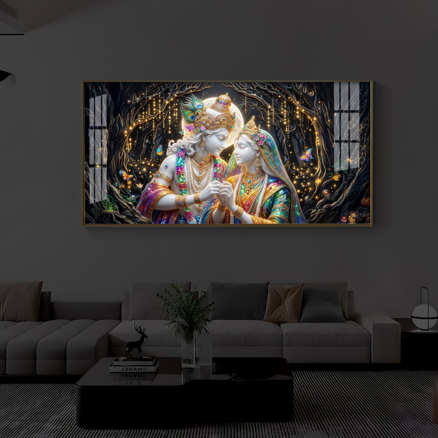 Spiritual Moonlight Radha Krishna Modern Luxury Backlight Horizontal Wall Art