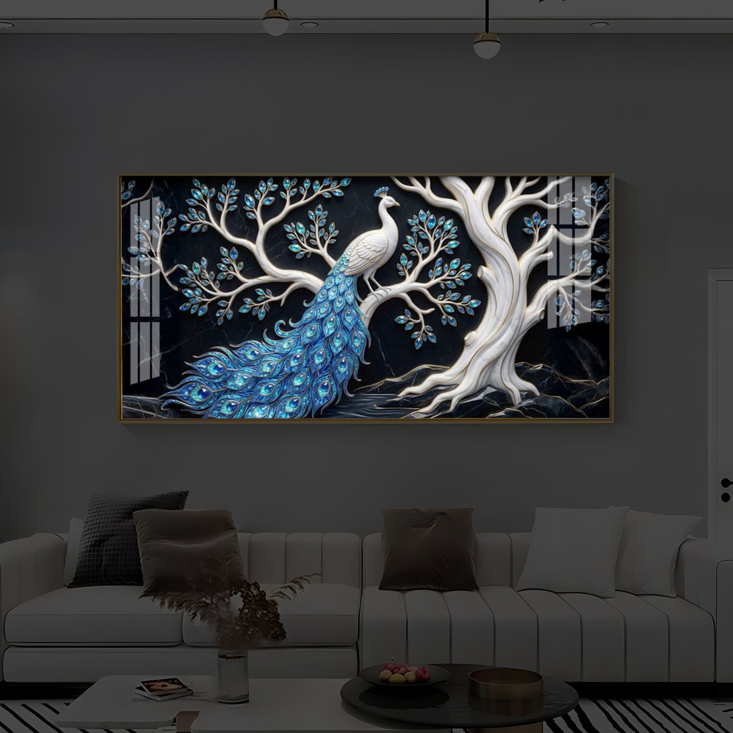 Peacock With Blue Feather Modern Luxury Backlight Horizontal Wall Art