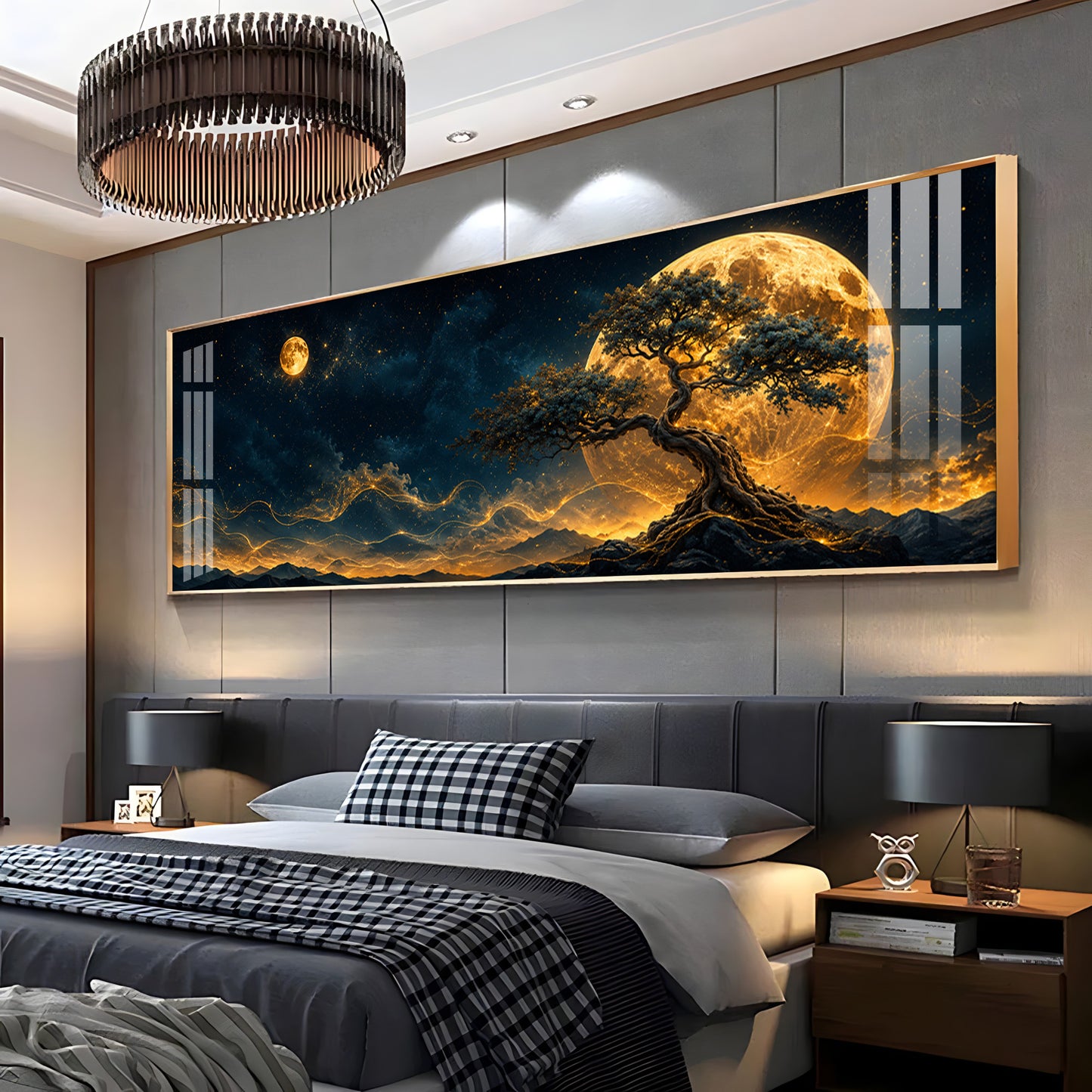 Golden Full Moon Bonsai Tree Premium Acrylic Horizontal Wall Art