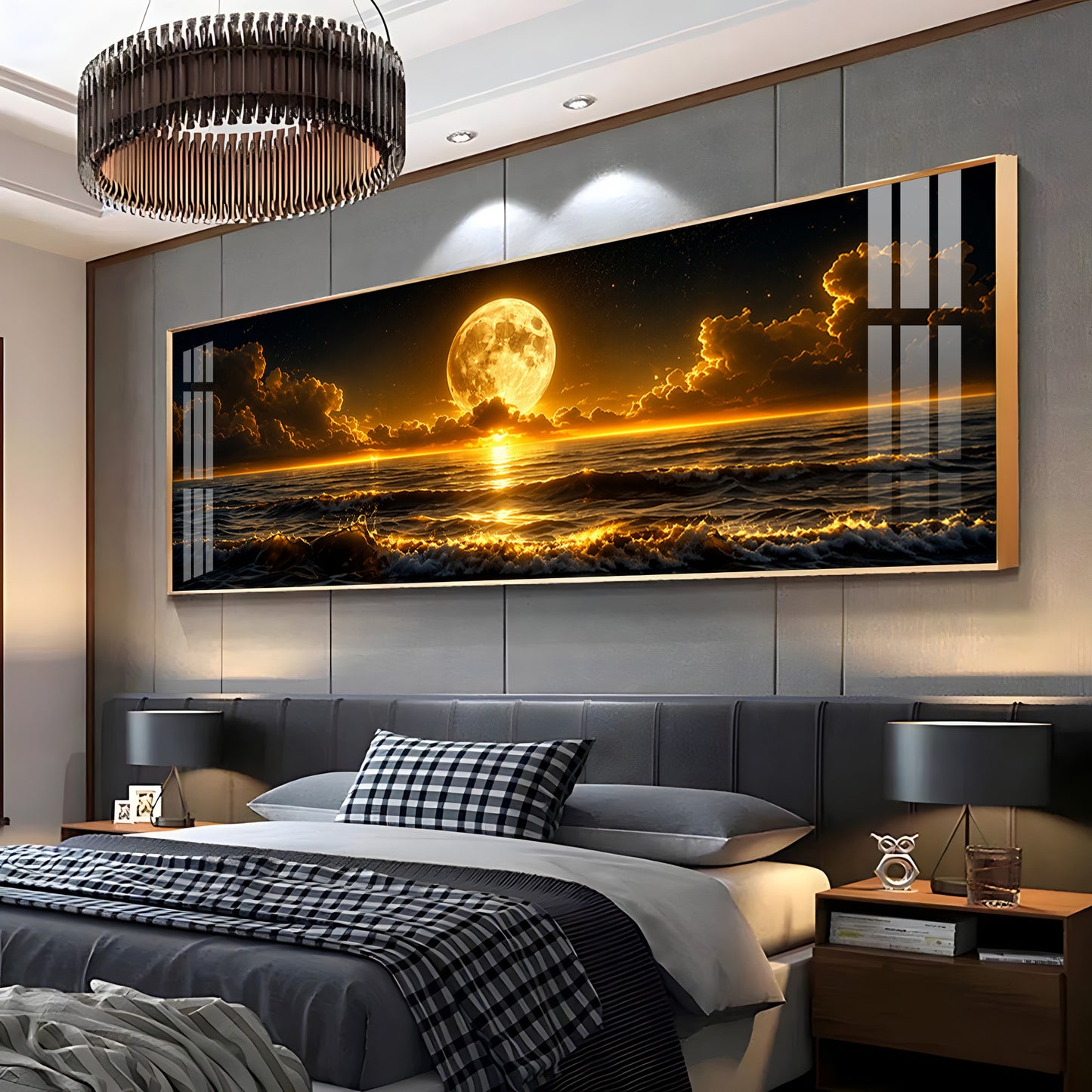 Golden Full Moon Ocean Clouds Premium Acrylic Horizontal Wall Art