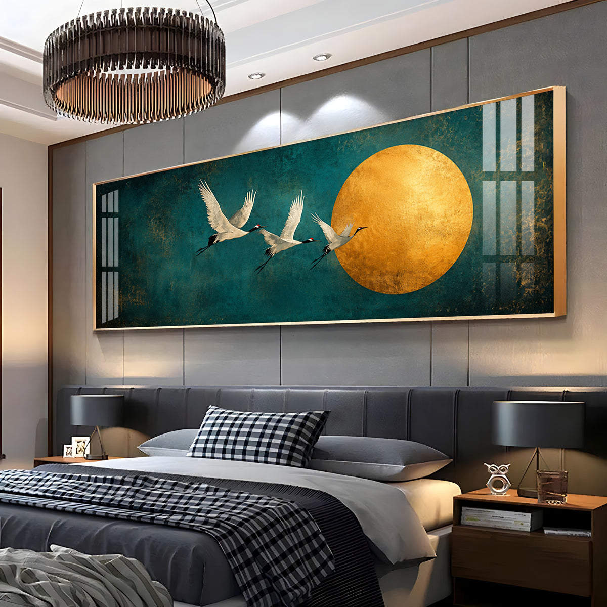 Three Cranes Golden Sun Teal Premium Acrylic Horizontal Wall Art