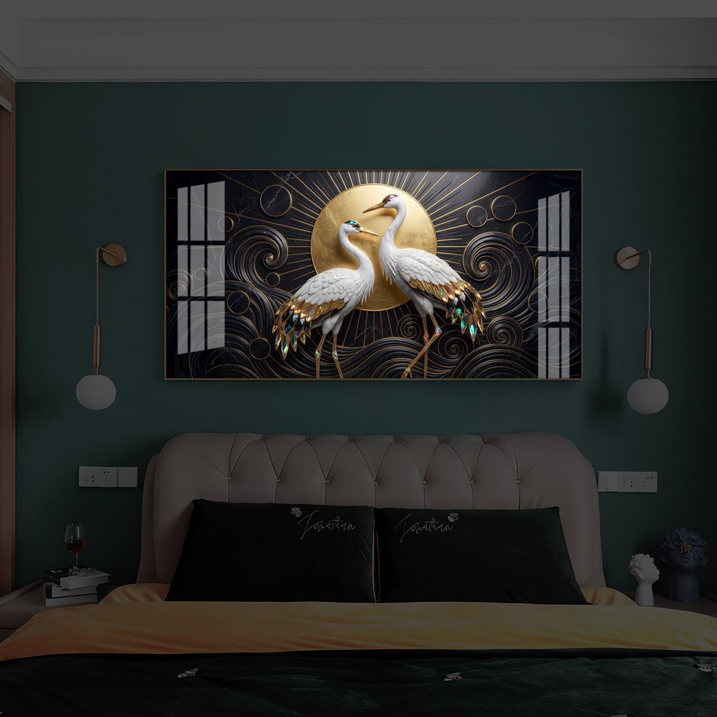 White Crane Modern Luxury Backlight Horizontal Wall Art