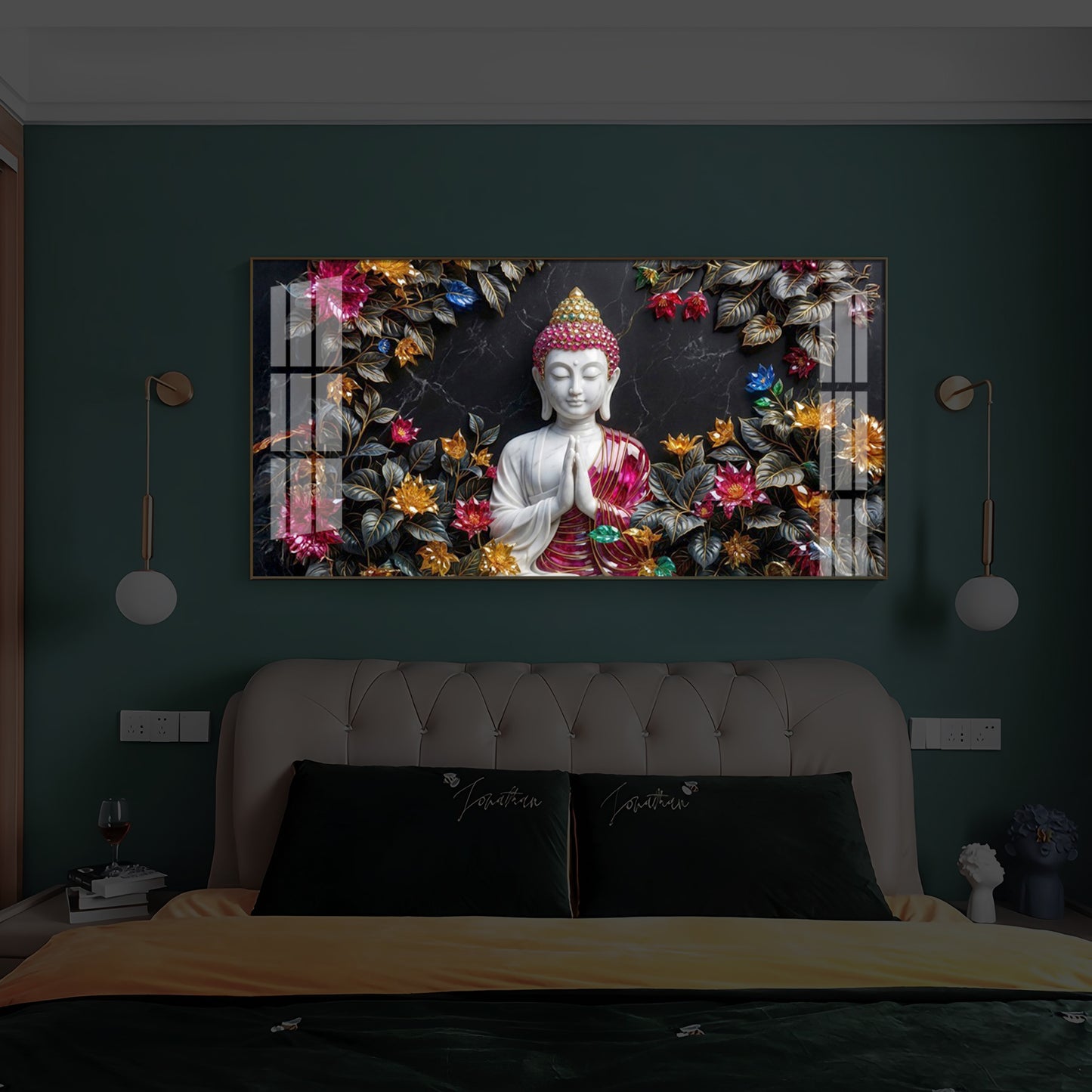 White Buddha With Pink Lotus Modern Luxury Backlight Horizontal Wall Art