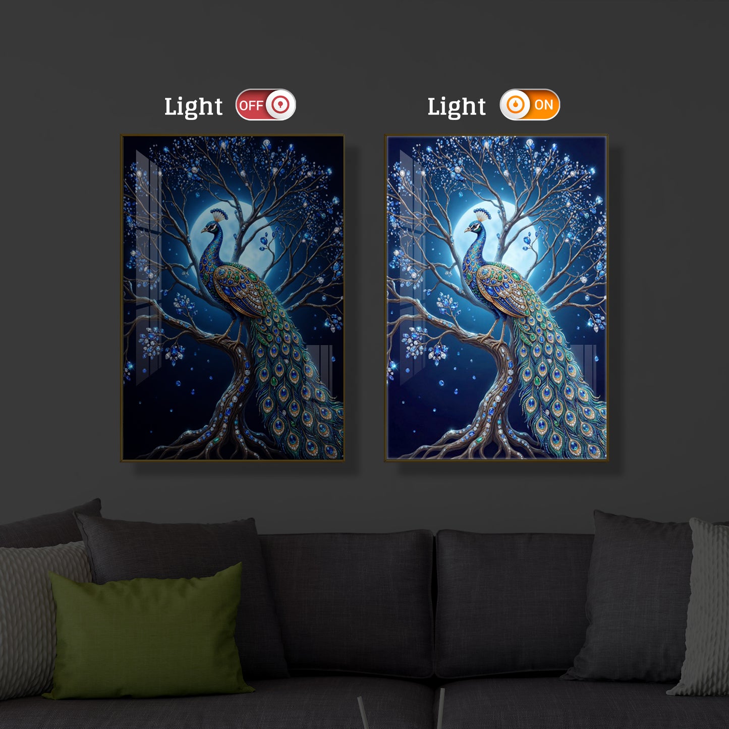 Blue Peacock Modern Luxury Backlight Vertical Wall Art