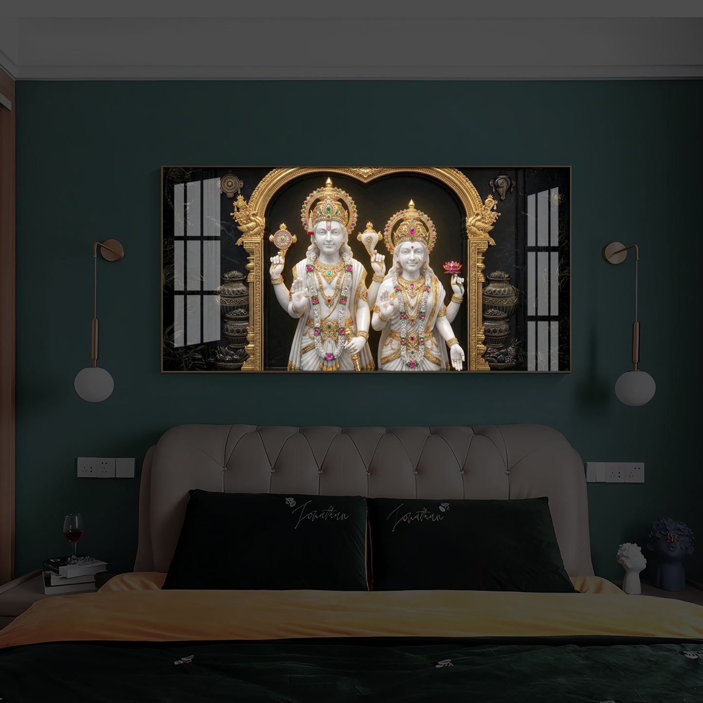Lord Vishnu & Goddess Lakshmi Modern Luxury Backlight Horizontal Wall Art