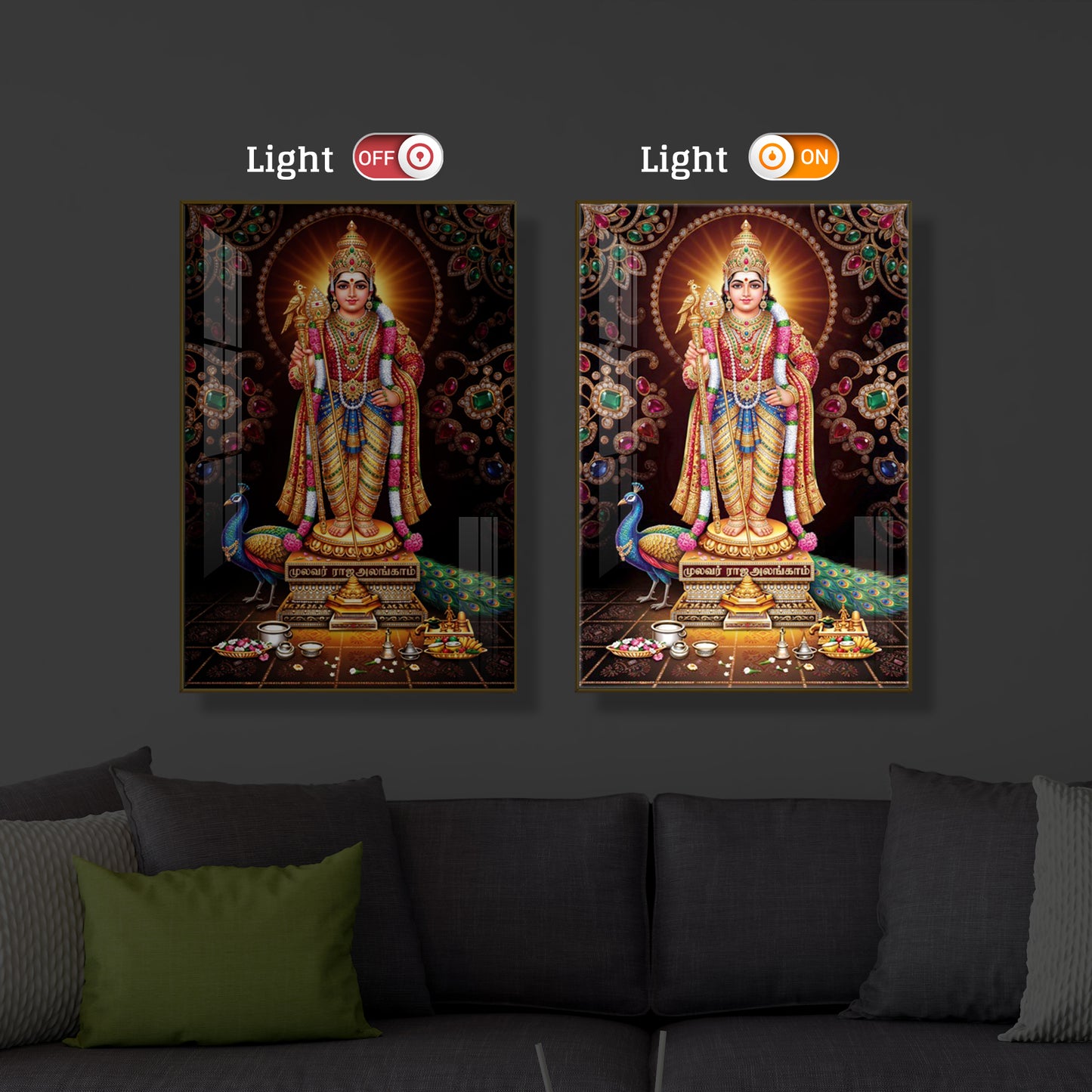 Lord Murugan With Peacock Modern Luxury Backlight Vertical Wall Art