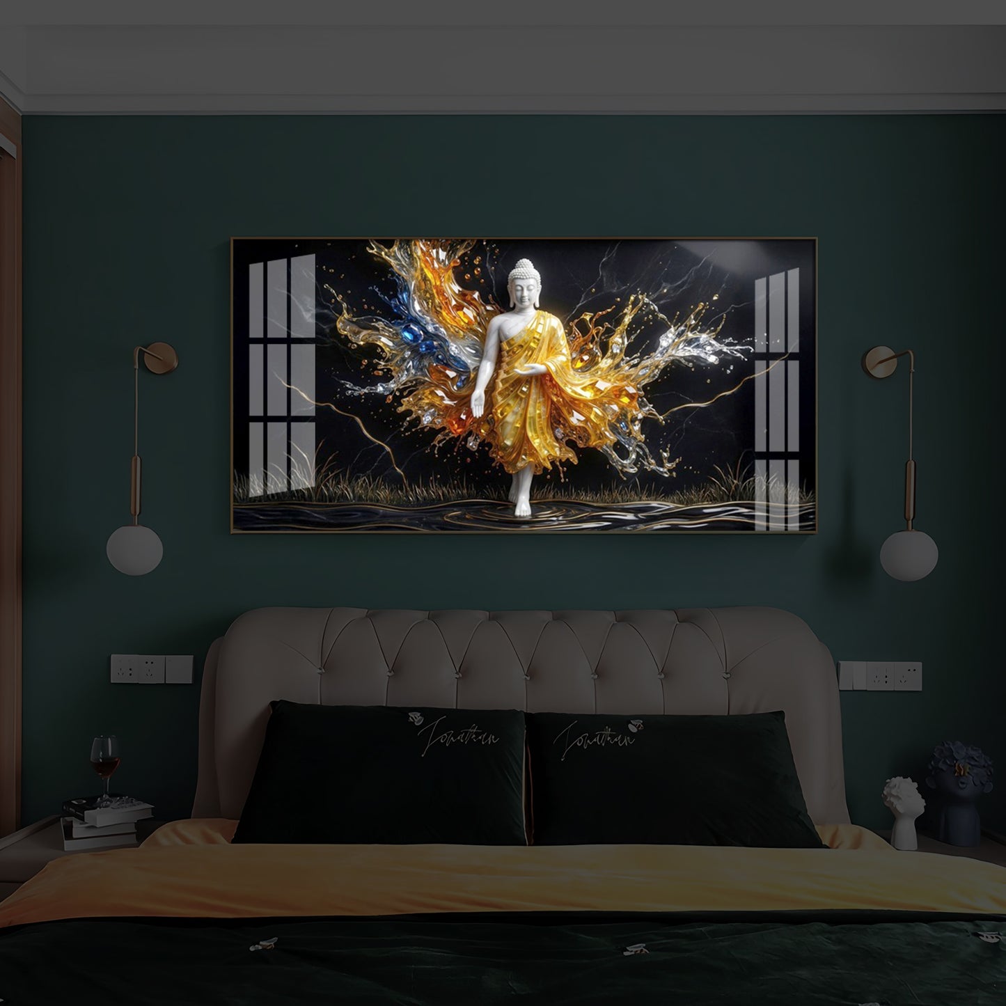 Embedded Buddha Modern Luxury Backlight Horizontal Wall Art