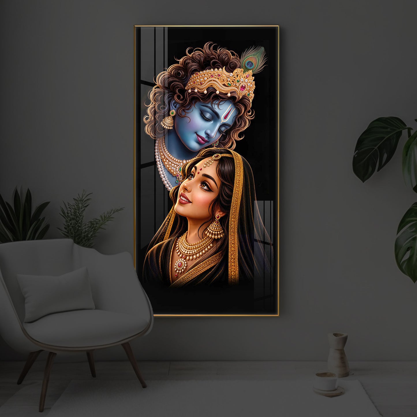 Hindu Deities Shri Radha Krishna Modern Luxury Backlight Vertical Wall Art