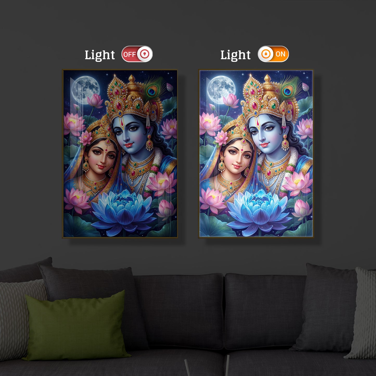 Radha Krishna Divine Togetherness Modern Luxury Backlight Vertical Wall Art
