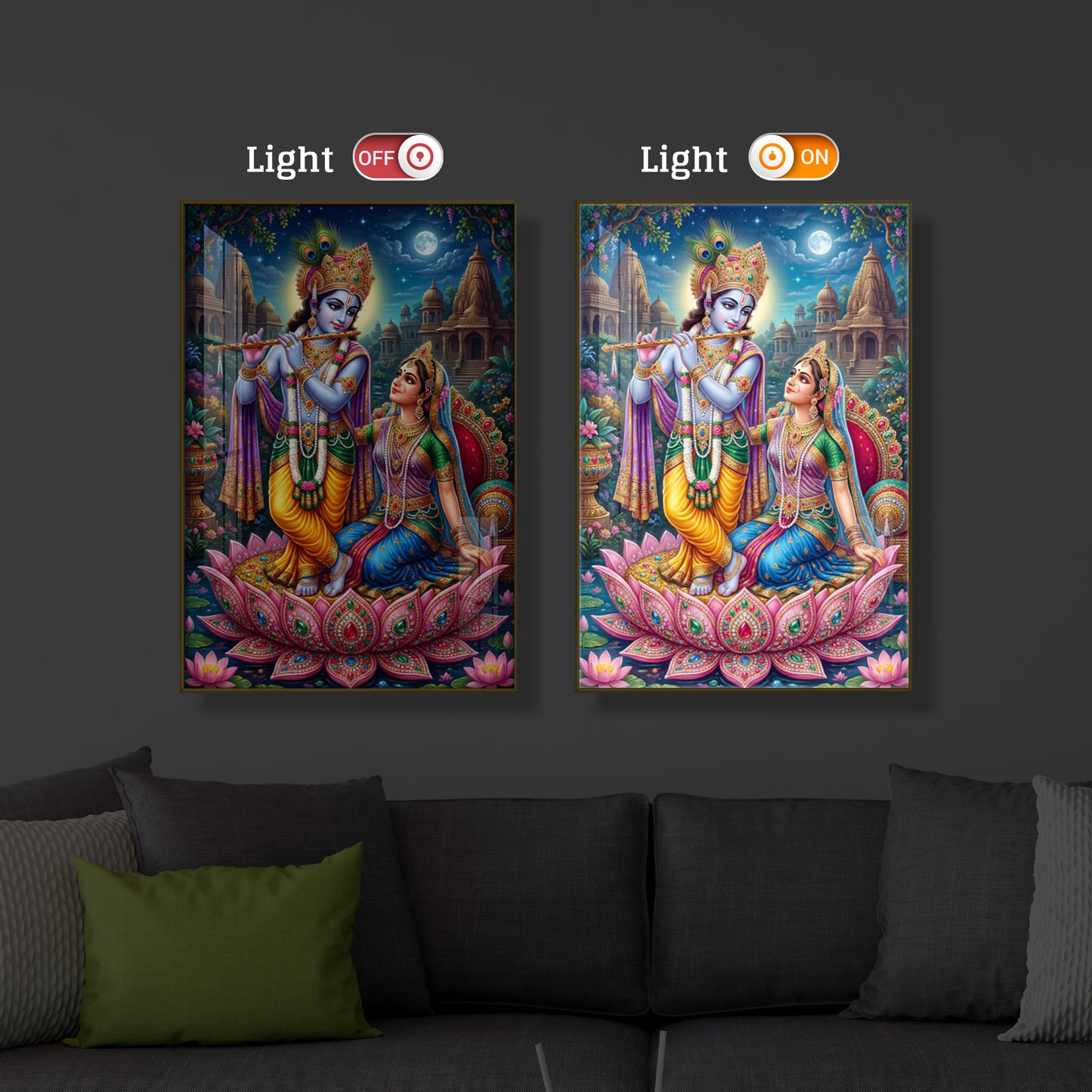 Goddess Radha and God Krishna Modern Luxury Backlight Vertical Wall Art