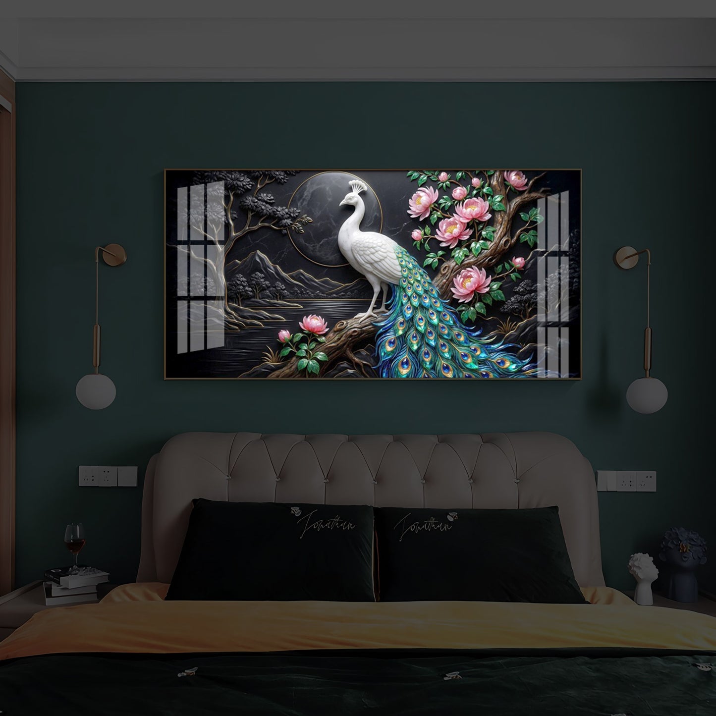 White Peacock With Flowers Modern Luxury Backlight Horizontal Wall Art