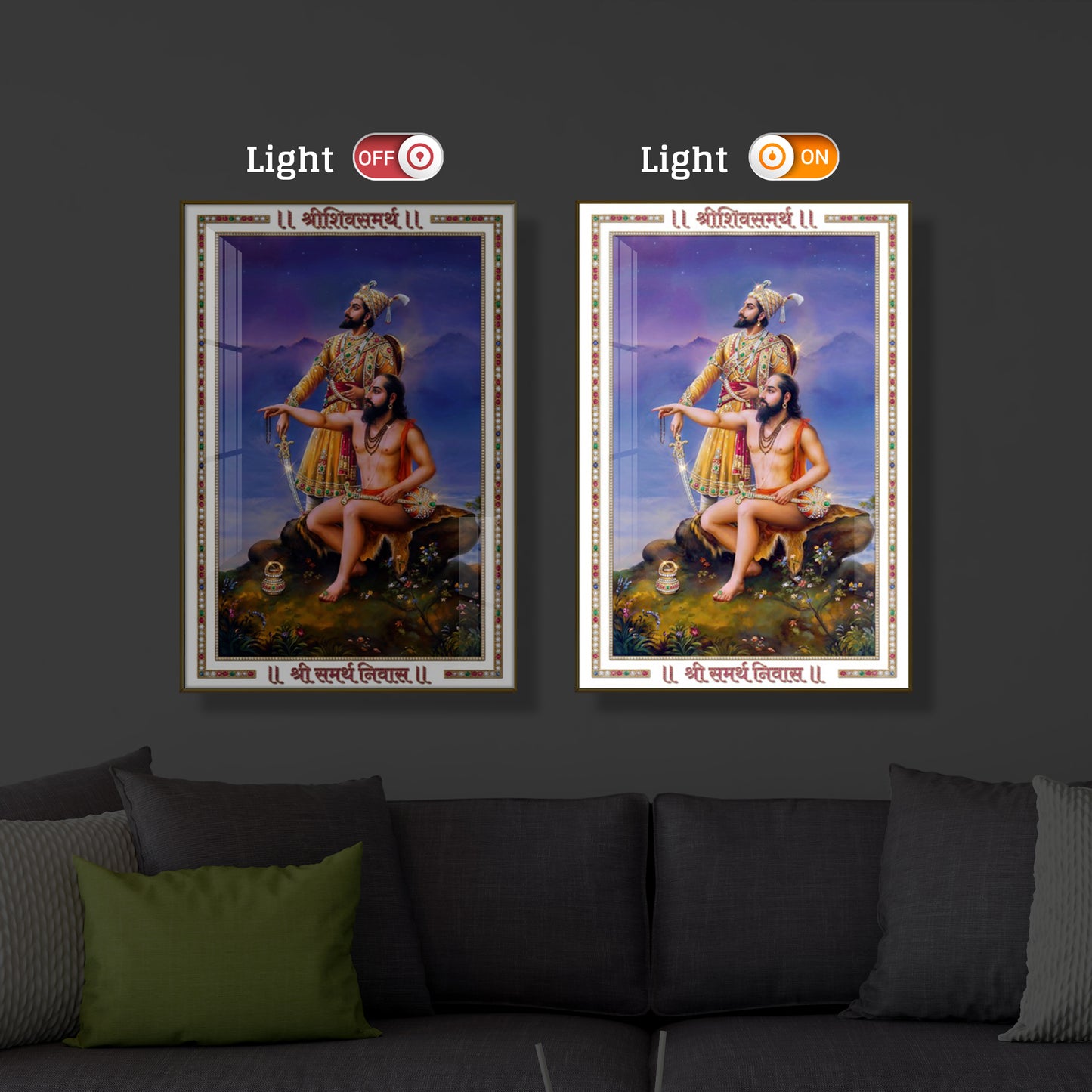Samarth Ramdas Swami and Shivaji Maharaj Modern Luxury Backlight Vertical Wall Art