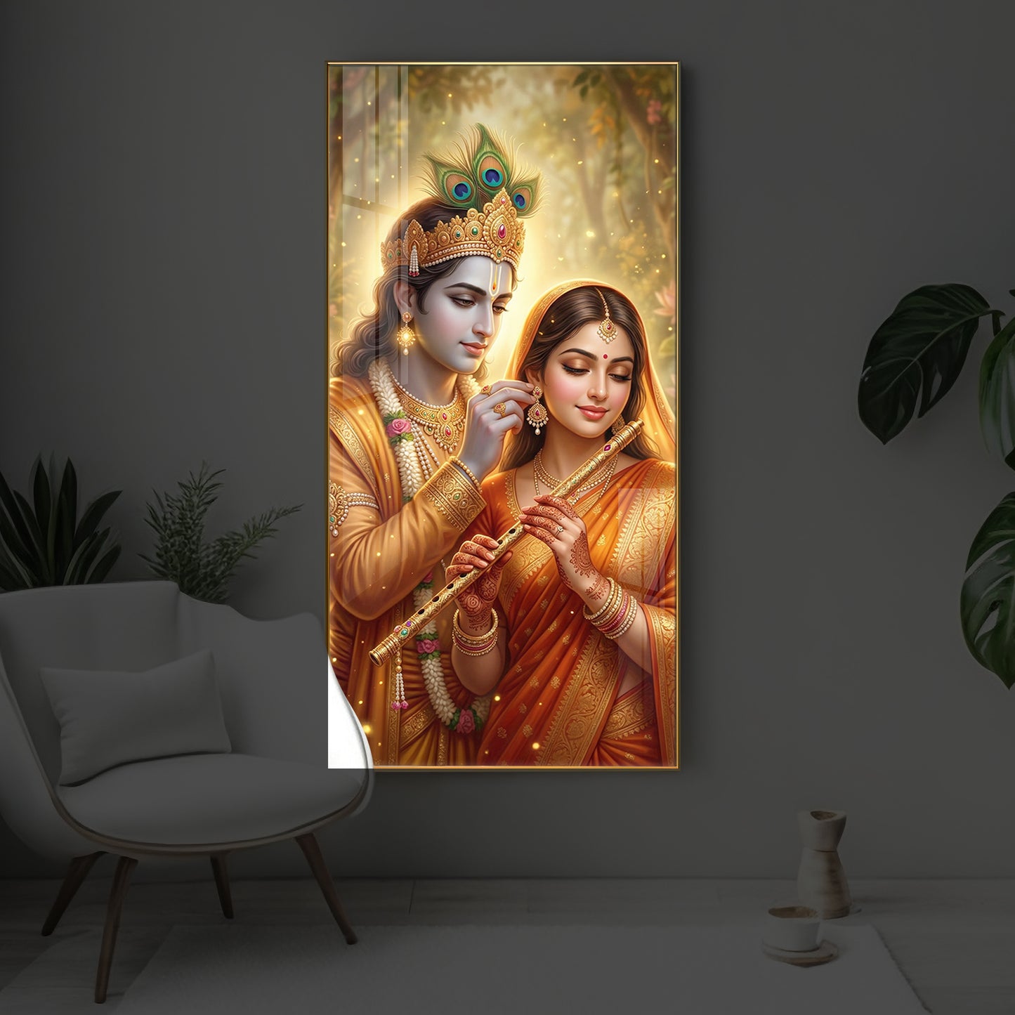 Jai Radha Krishna Modern Luxury Backlight Vertical Wall Art