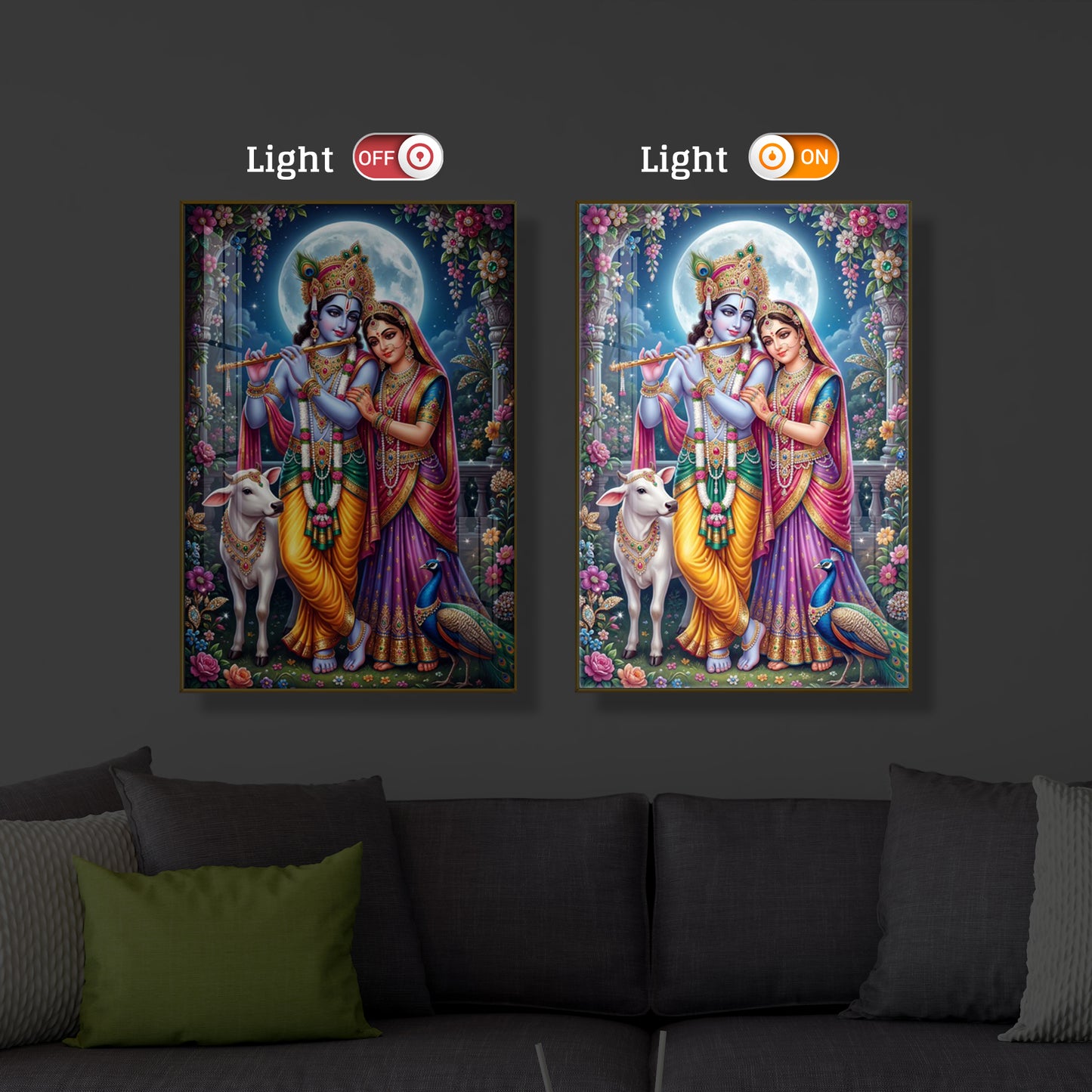 Moonlit Radha Krishna Leela Modern Luxury Backlight Vertical Wall Art