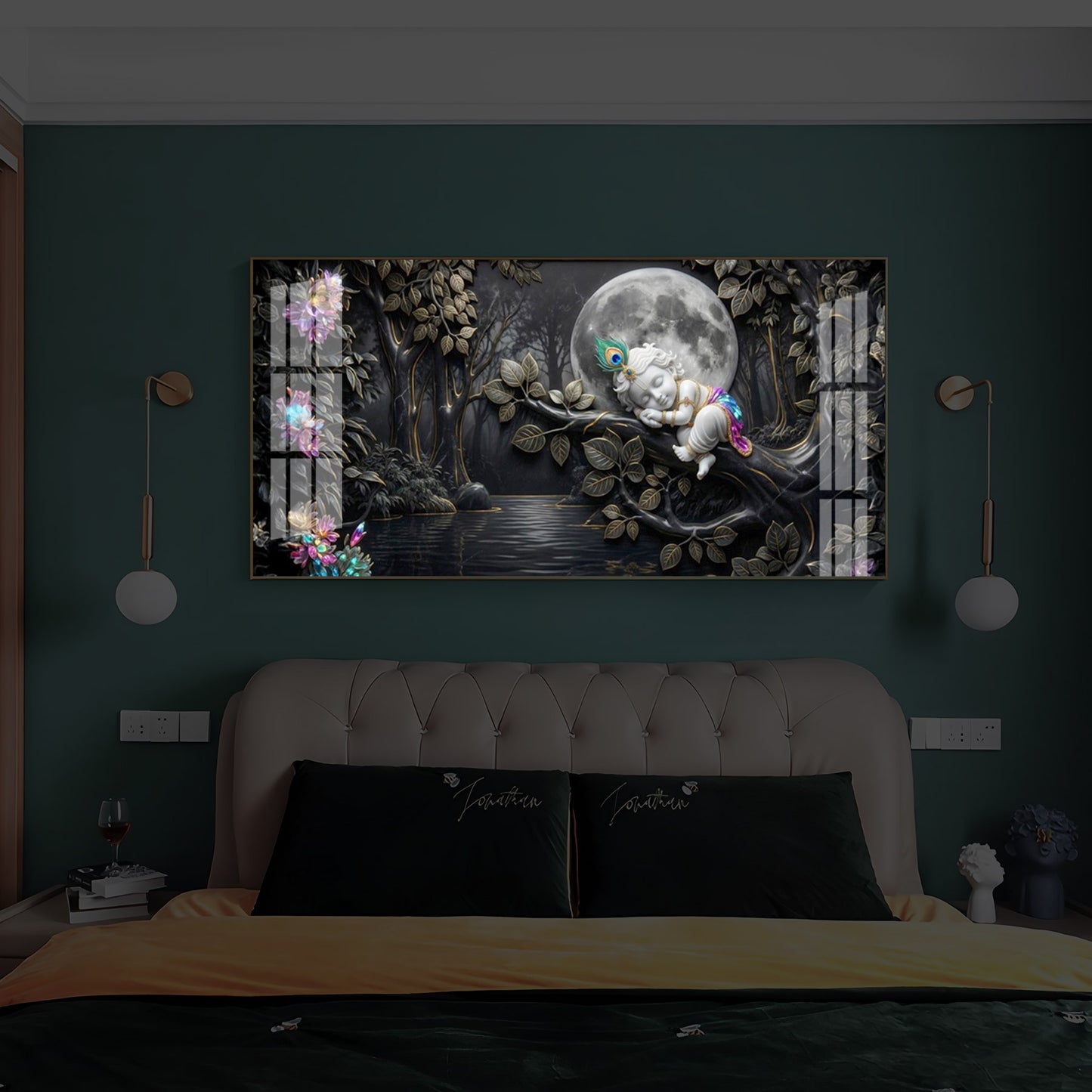 Divine Lord Little Krishna Modern Luxury Backlight Horizontal Wall Art