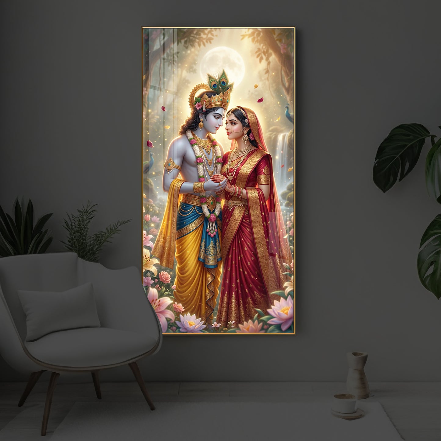 Loving Radha Krishna Ji Modern Luxury Backlight Vertical Wall Art