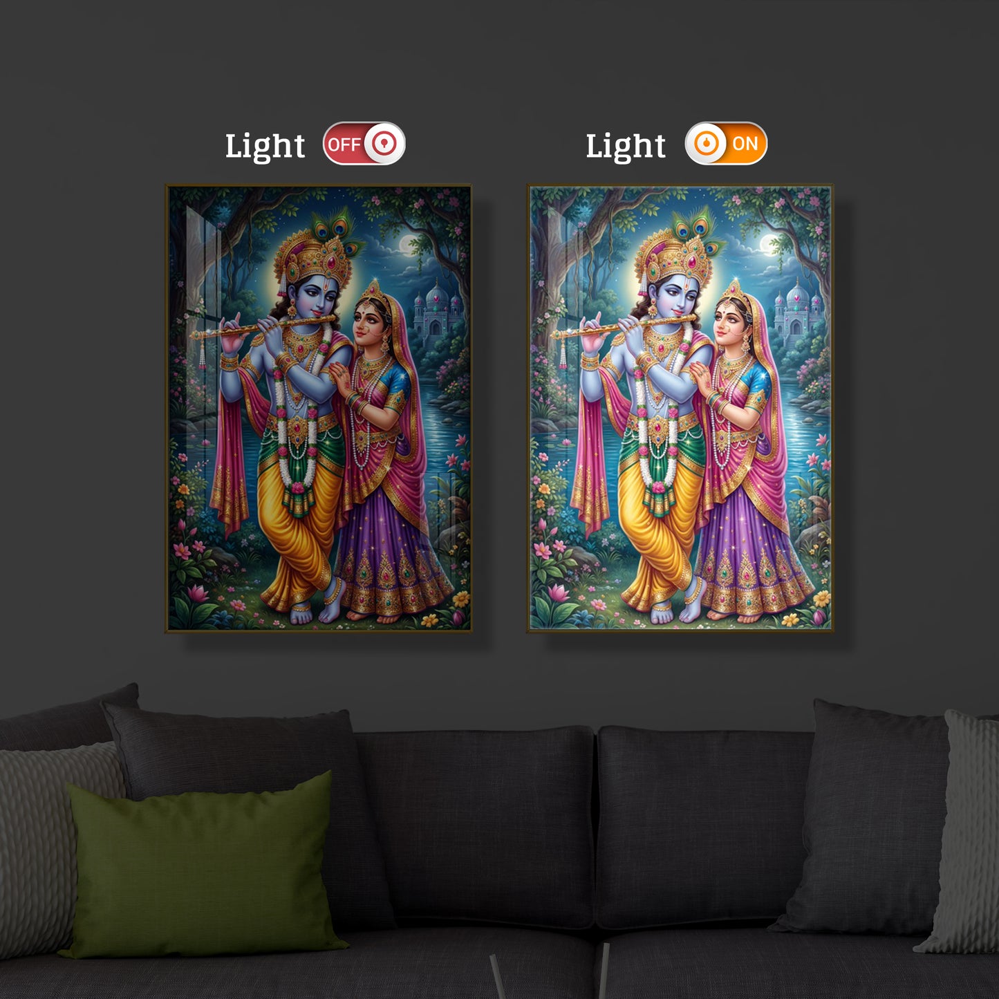 Hindu Deities Radha and Krishna Modern Luxury Backlight Vertical Wall Art