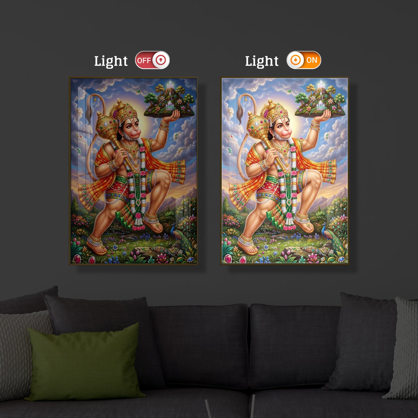 Lord Hanuman Carries The Mountain Modern Luxury Backlight Vertical Wall Art