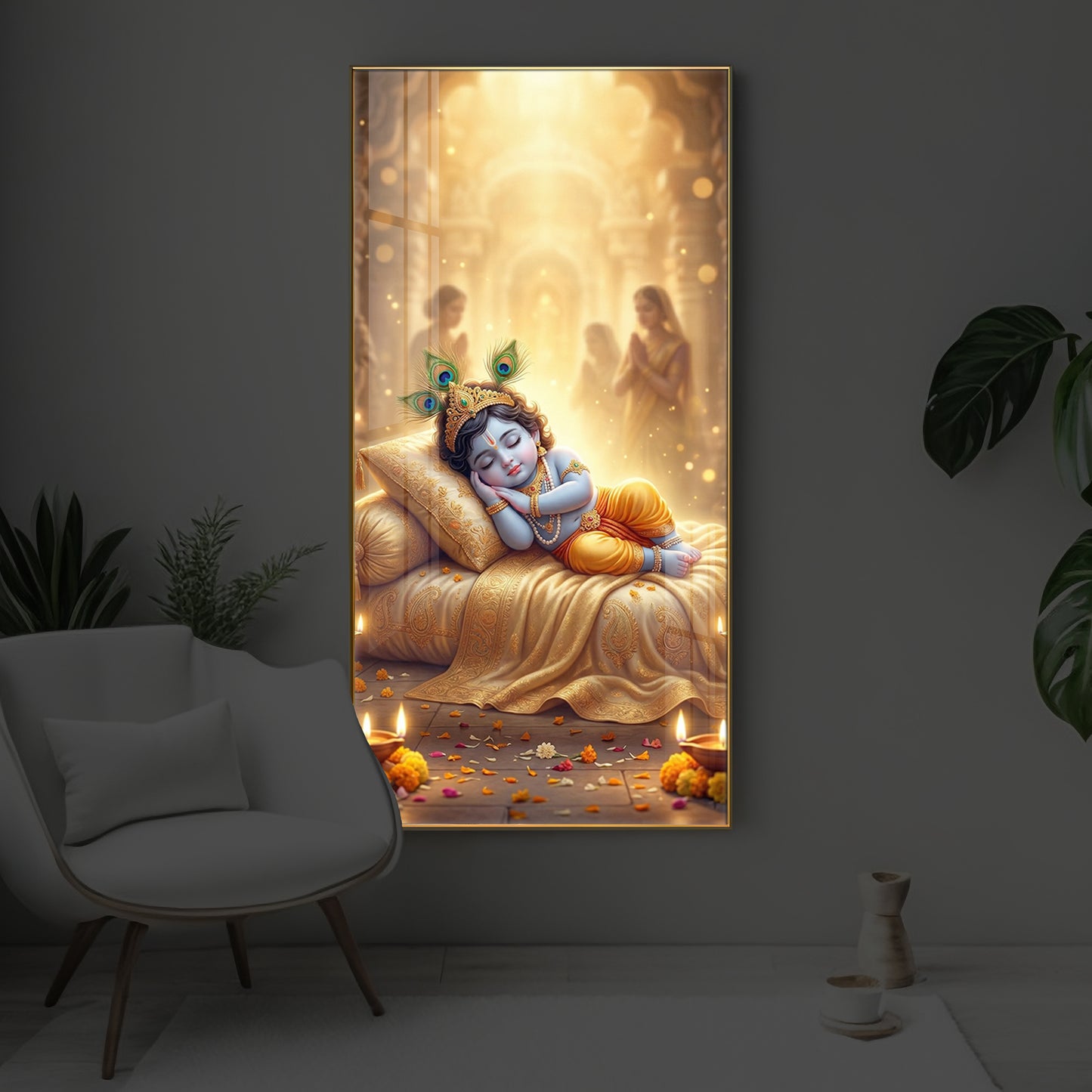 Sleeping Little Krishna Ji Modern Luxury Backlight Vertical Wall Art