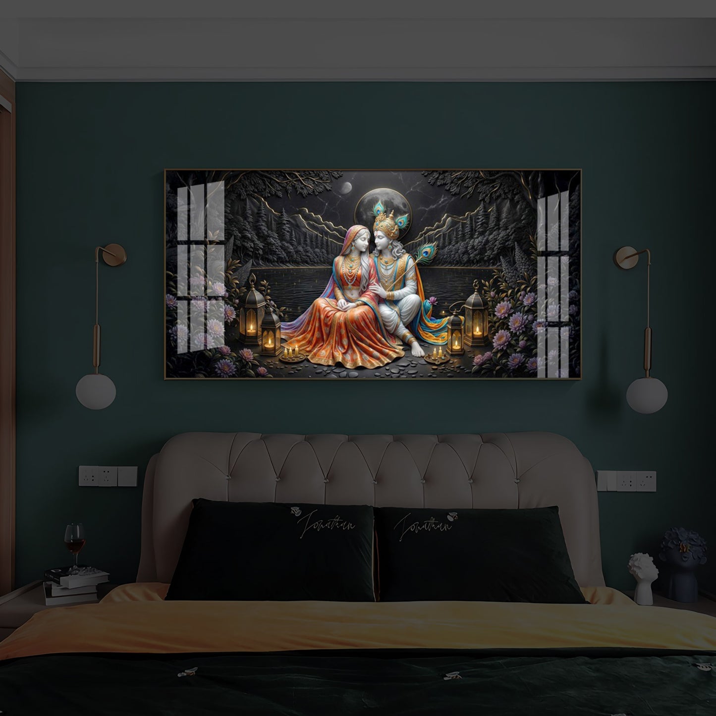 Hindu Deity Radha Krishna Modern Luxury Backlight Horizontal Wall Art