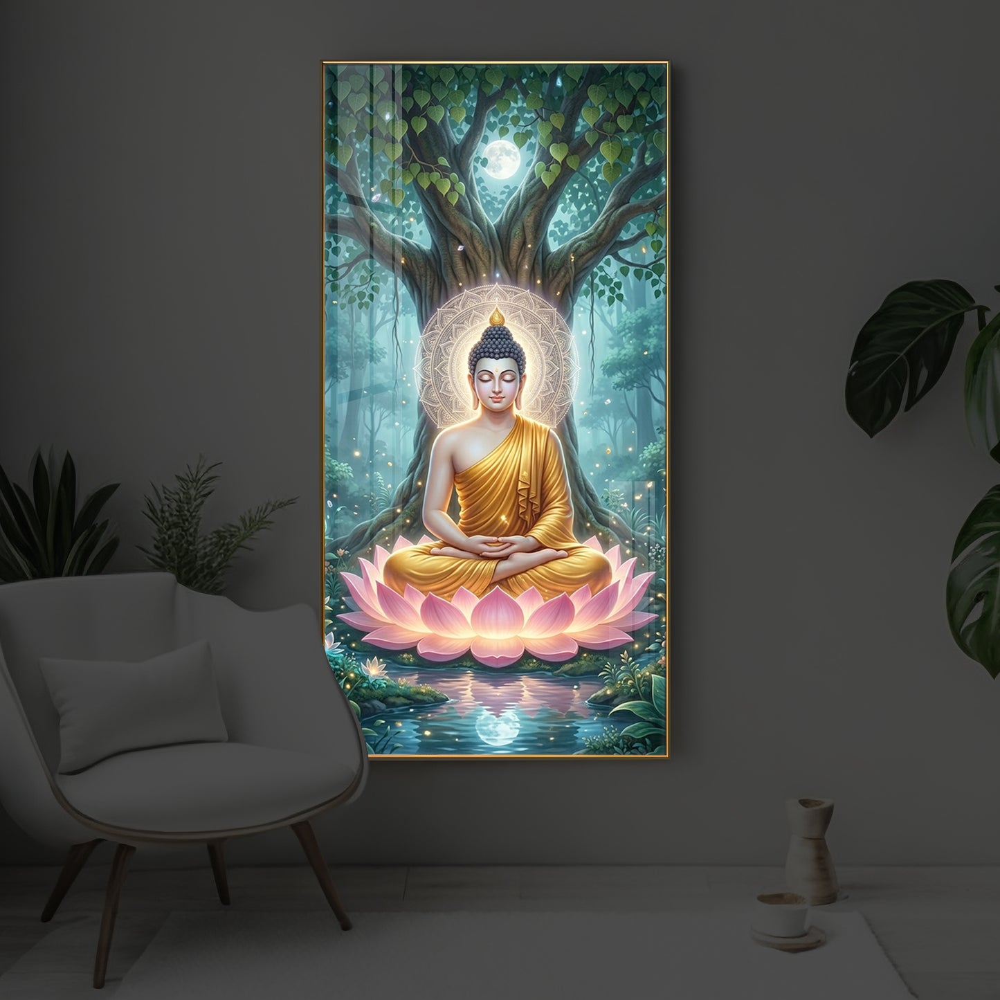 Gautam Buddha Modern Luxury Backlight Vertical Wall Art