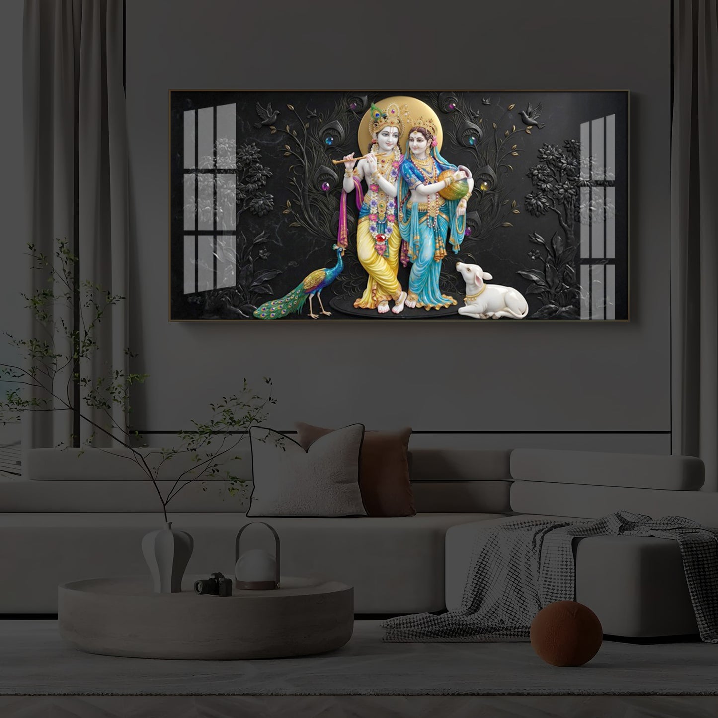 Depicting Radha Krishna Modern Luxury Backlight Horizontal Wall Art