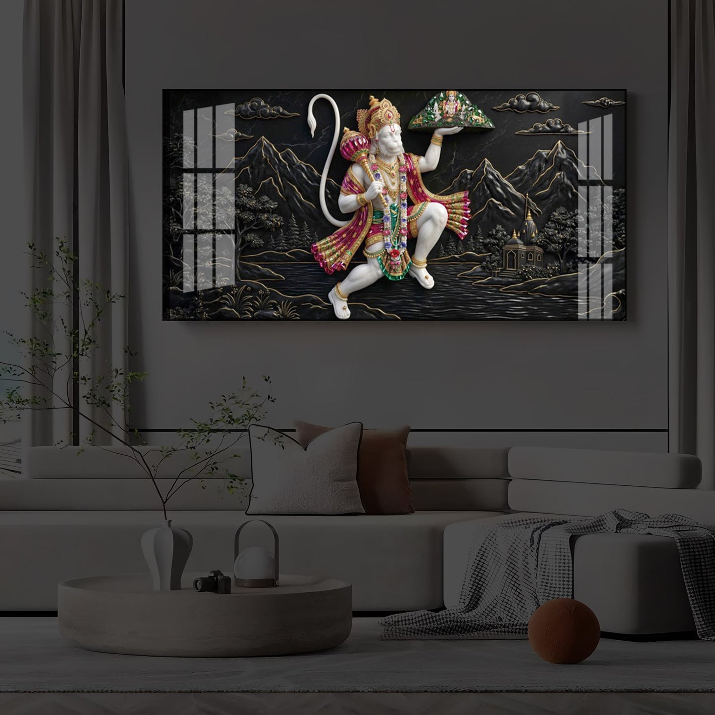 Lord Hanuman Carrying Sanjeevani Mountain Modern Luxury Backlight Horizontal Wall Art