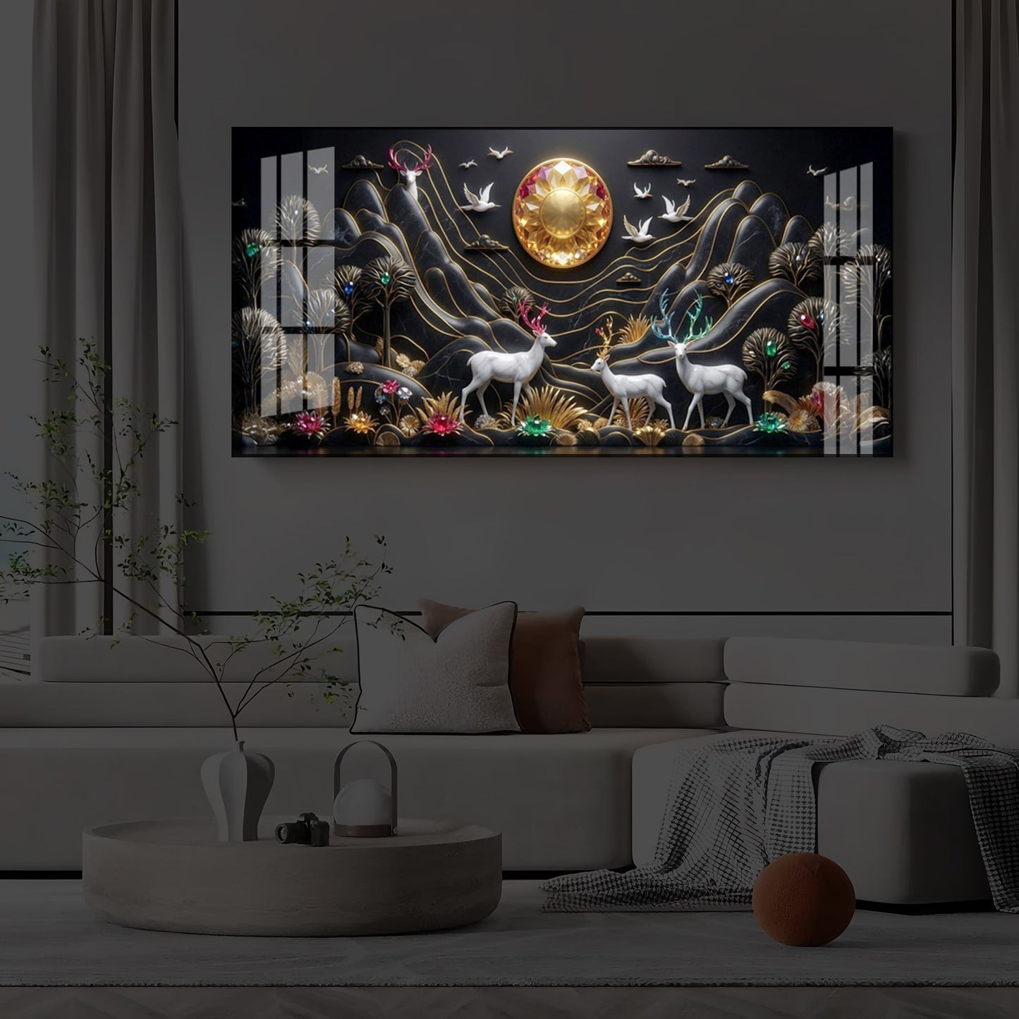 White Deer With Family Modern Luxury Backlight Horizontal Wall Art