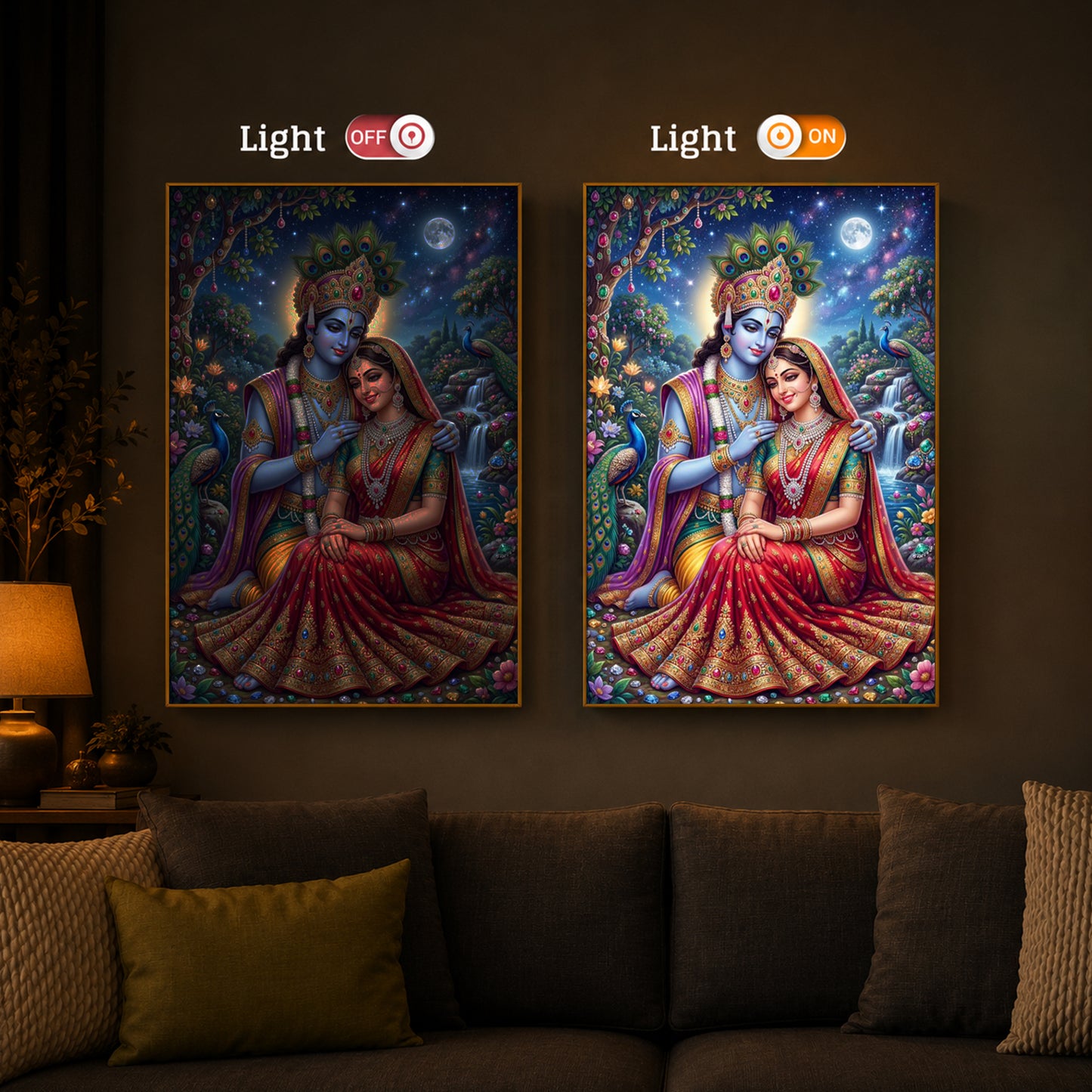 Divine Radha Krishna Serenity Modern Luxury Backlight Vertical Wall Art
