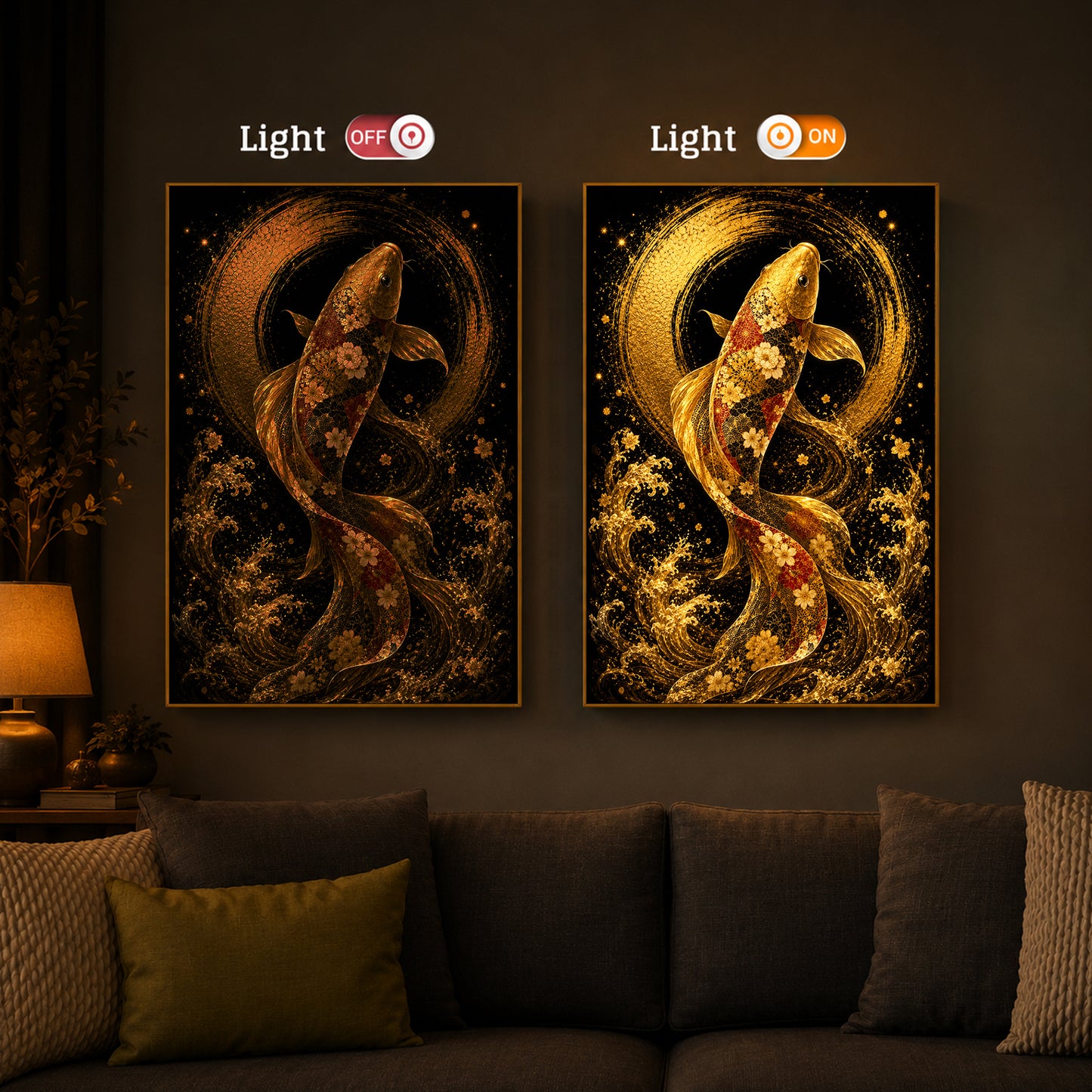 Golden Koi Fish Modern Luxury Backlight Vertical Wall Art