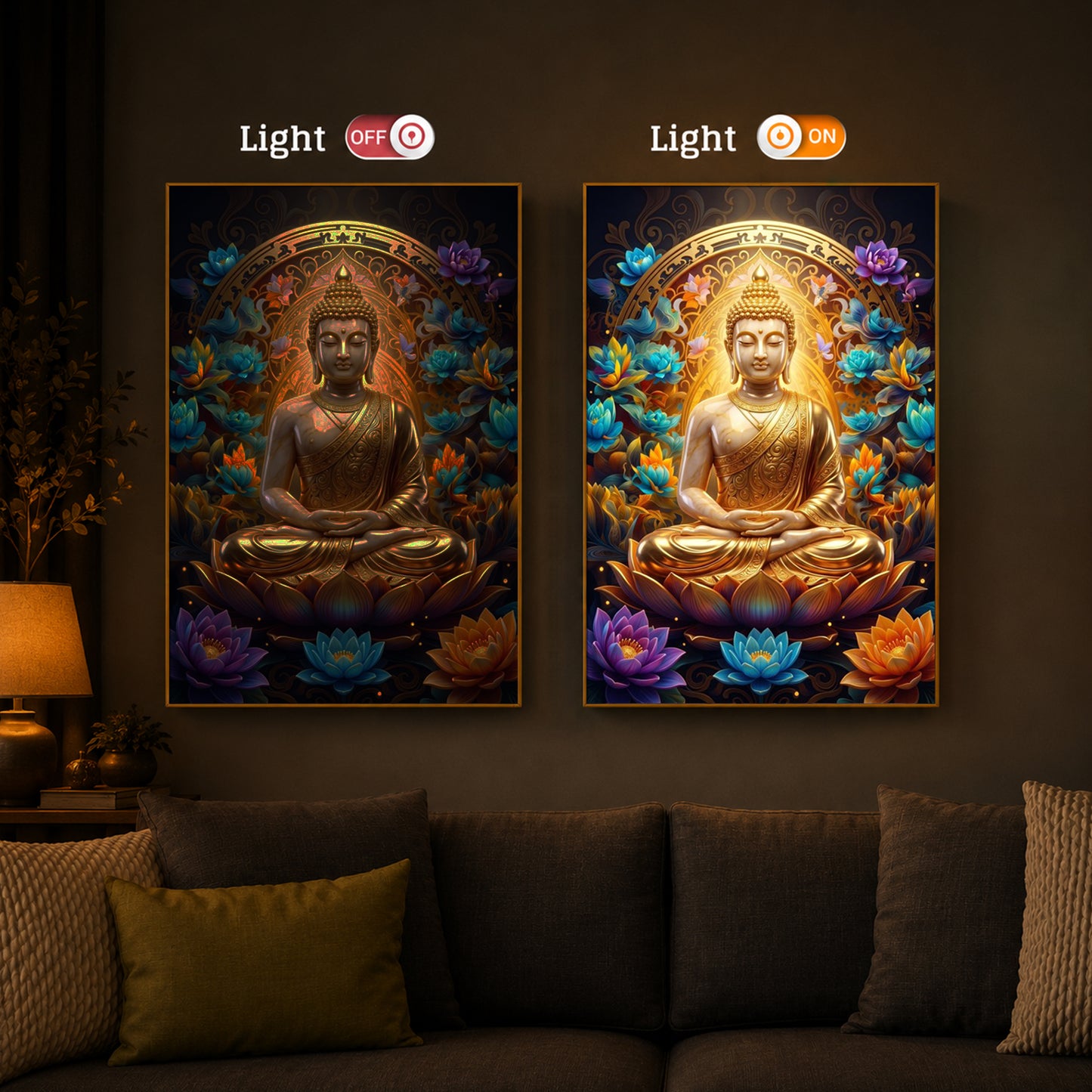 Meditating Gautam Buddha Modern Luxury Backlight Vertical Wall Art