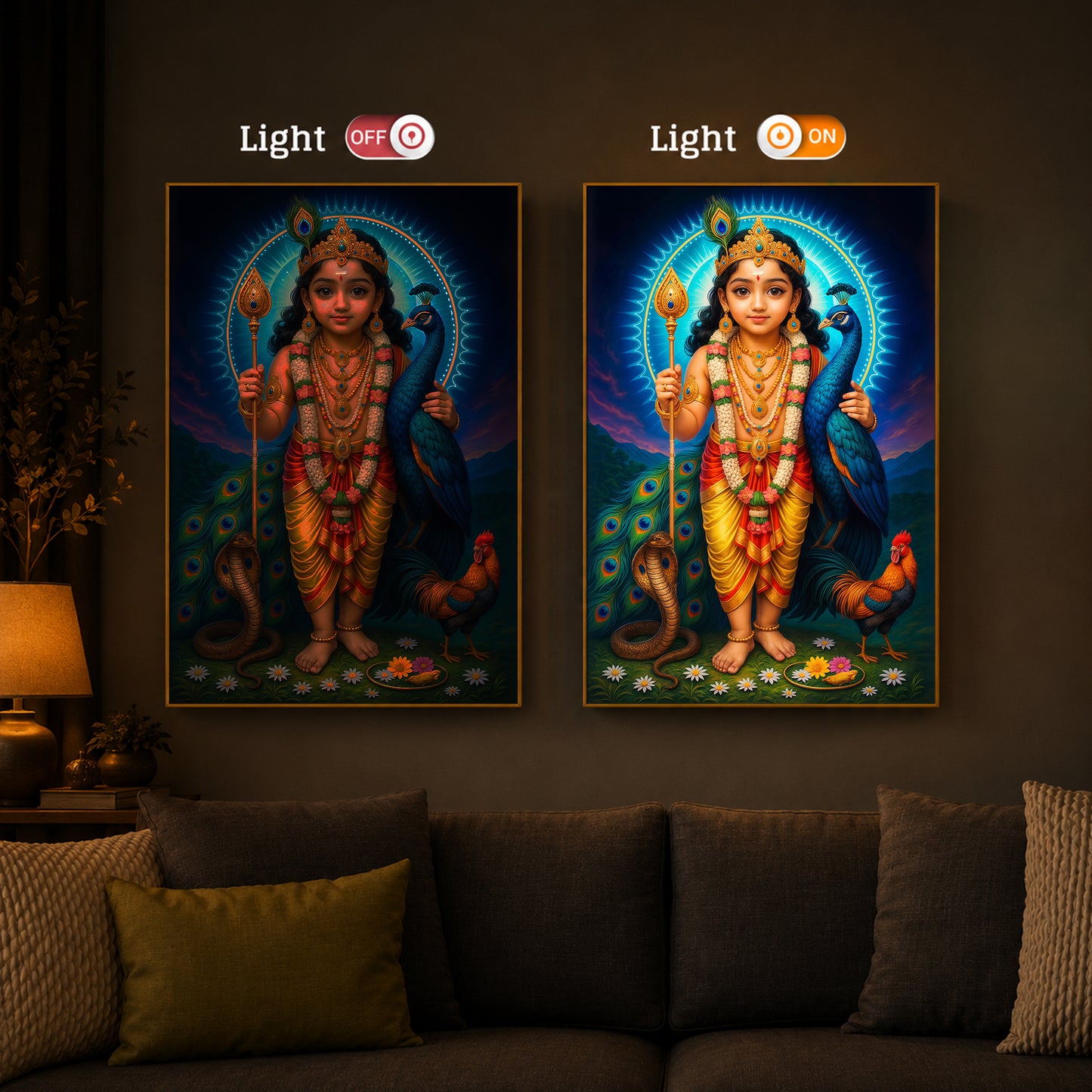 Lord Murugan Ji Modern Luxury Backlight Vertical Wall Art