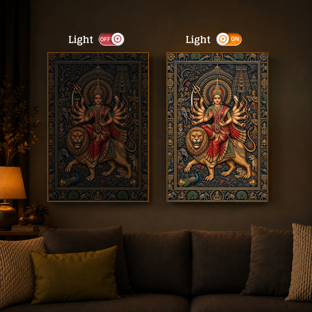 Placid Devi Durga Modern Luxury Backlight Vertical Wall Art