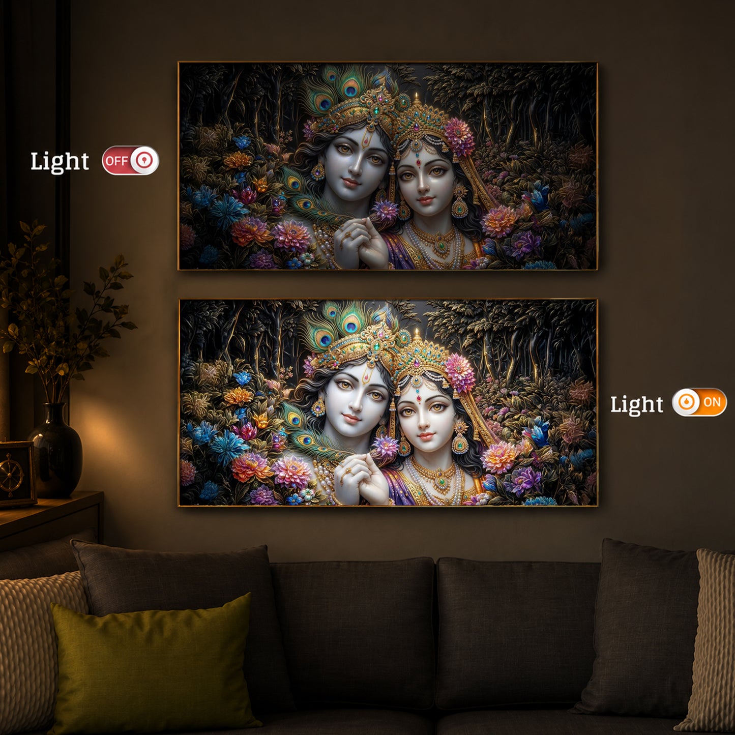 Spiritual Serenity Radha Krishna Modern Luxury Backlight Horizontal Wall Art