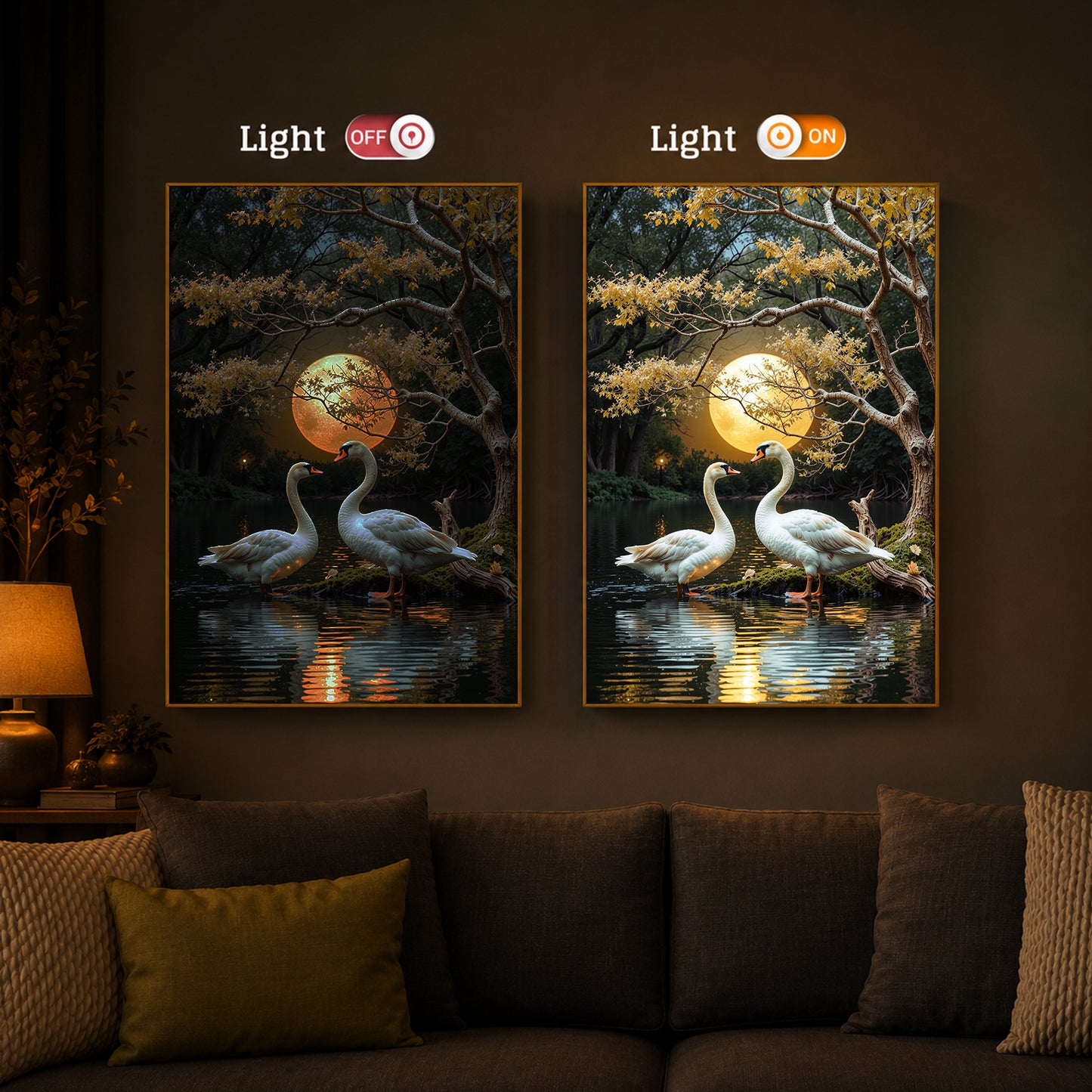 Couple Swan Modern Luxury Backlight Vertical Wall Art