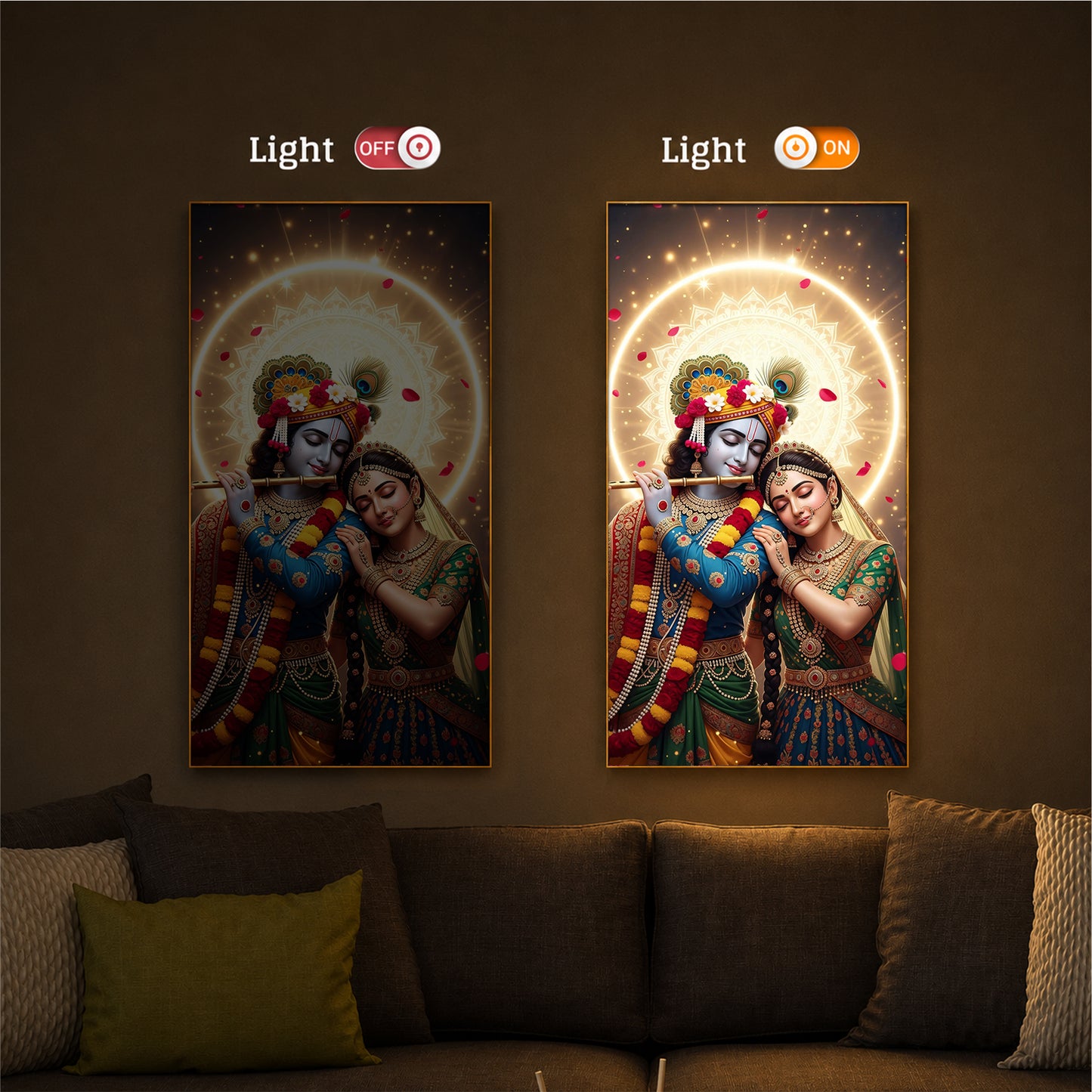 Couple Radhe Krishna Modern Luxury Backlight Vertical Wall Art
