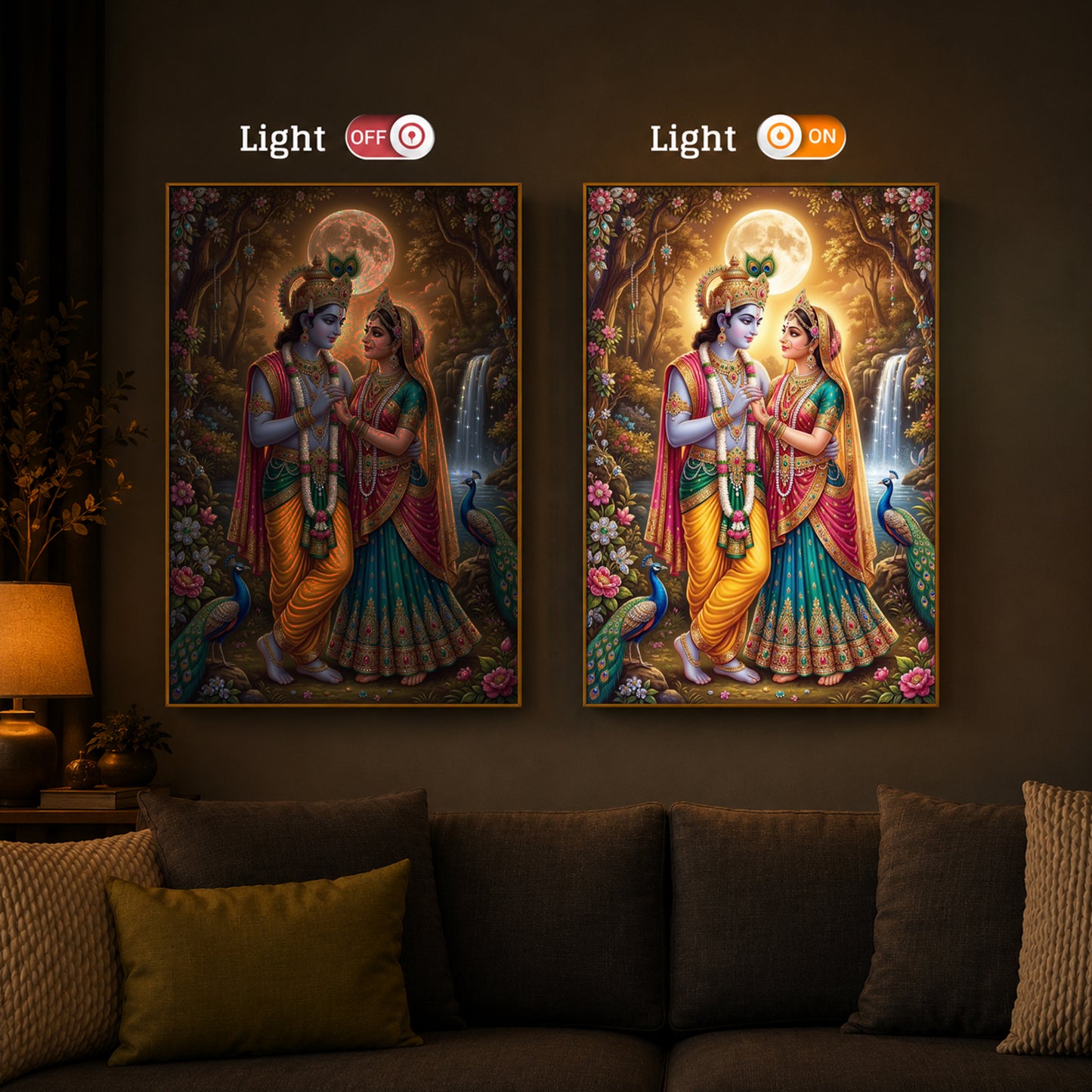 Radha Krishna in Vrindavan Garden Modern Luxury Backlight Vertical Wall Art