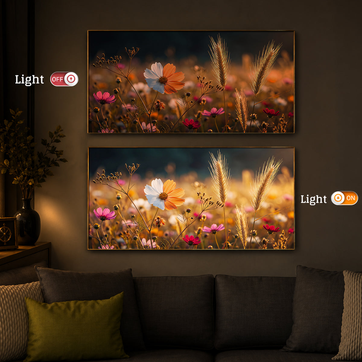 Golden Wildflower Meadow Modern Luxury Backlight Horizontal Wall Art