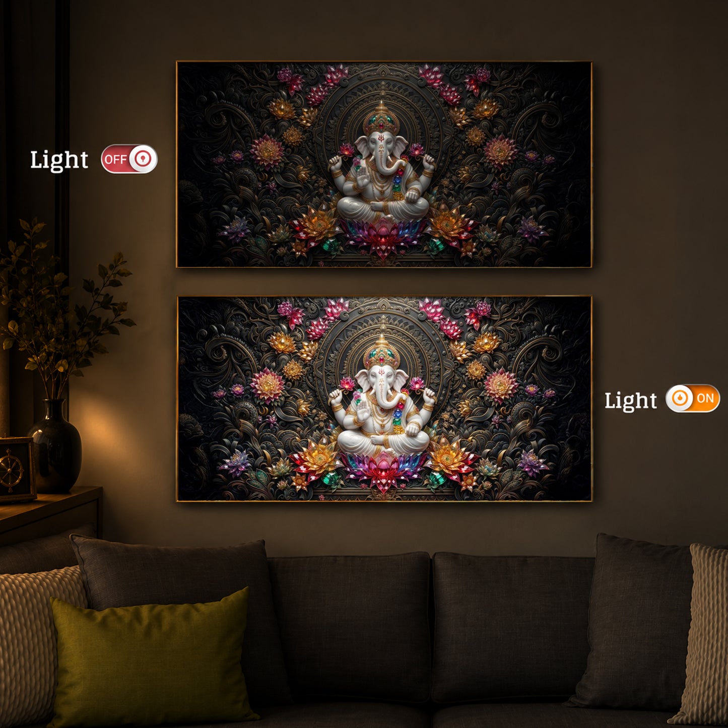 Lord Ganesha Blooming Lotuses Modern Luxury Backlight Horizontal Wall Art