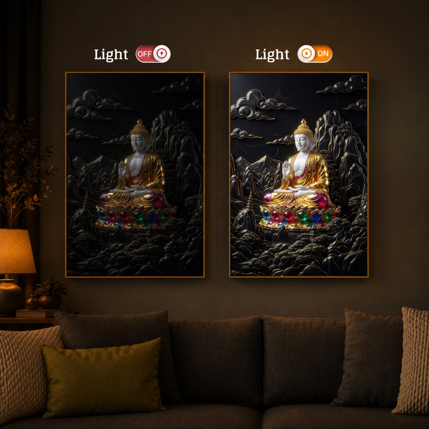 Buddha With Dark Background Modern Luxury Backlight Vertical Wall Art