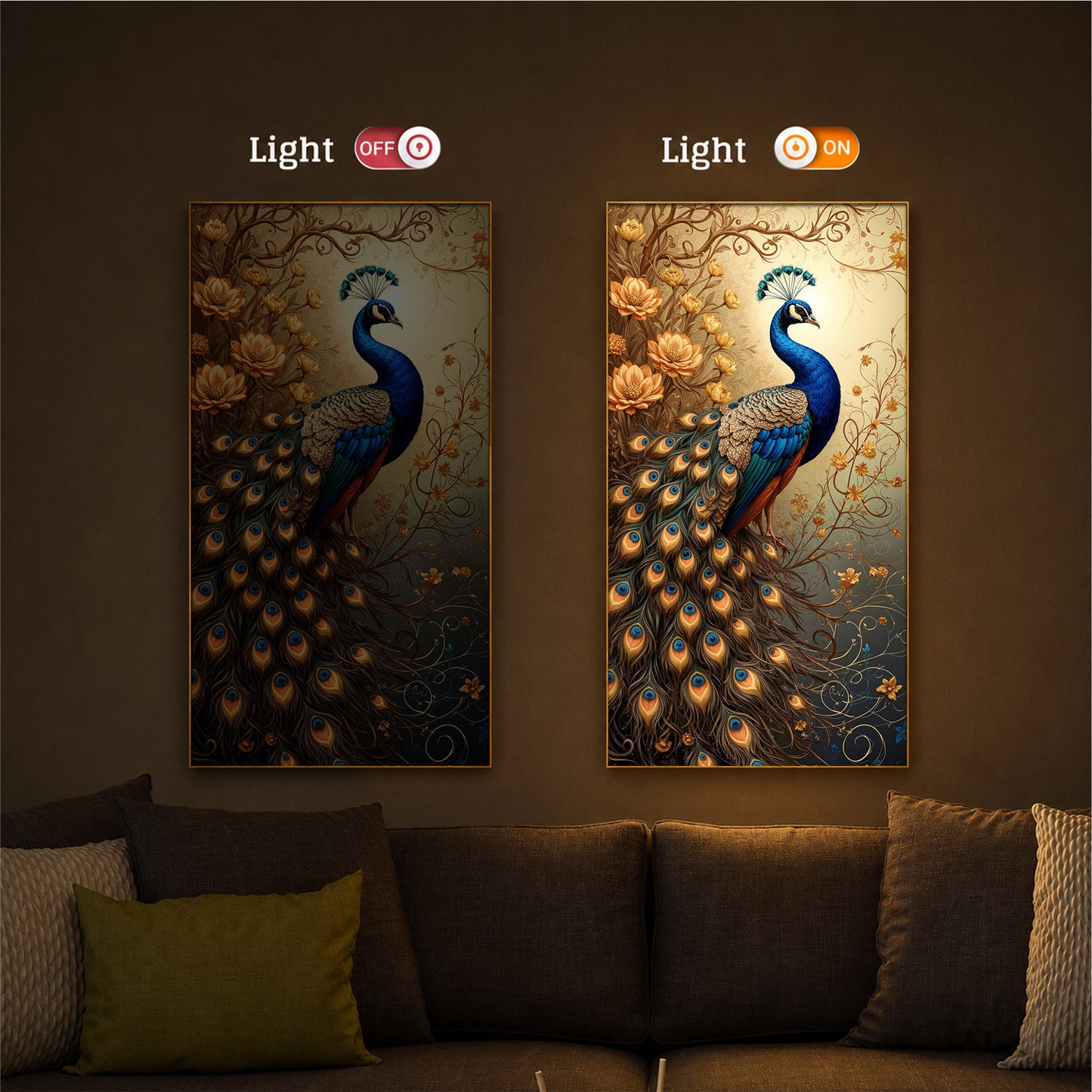 Beautiful Peacock Modern Luxury Backlight Vertical Wall Art