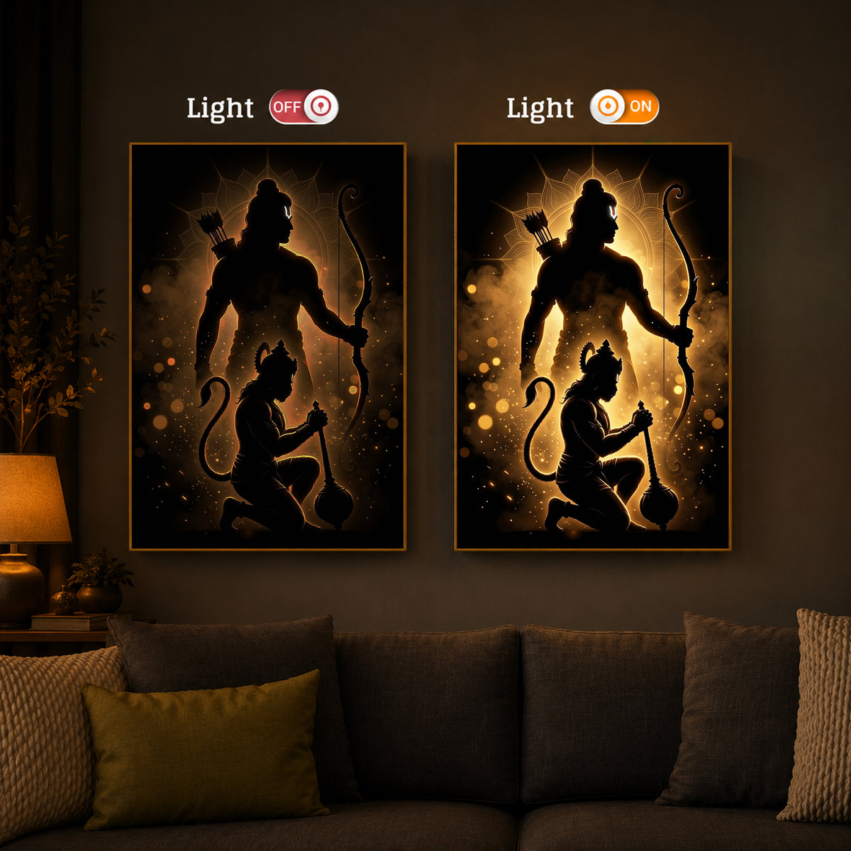 Lord Ram & Hanuman Modern Luxury Backlight Vertical Wall Art