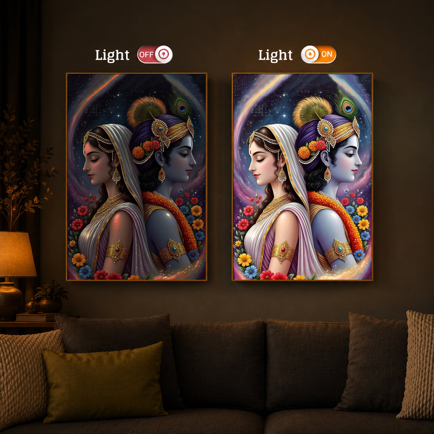 Lord Sri Radhe Krishna Modern Luxury Backlight Vertical Wall Art