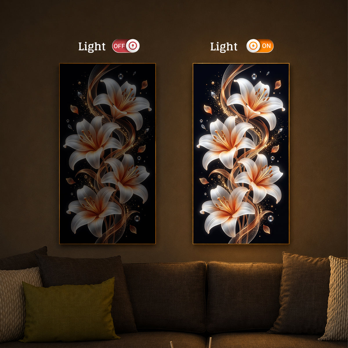 Glowing Golden Lily Modern Luxury Backlight Vertical Wall Art