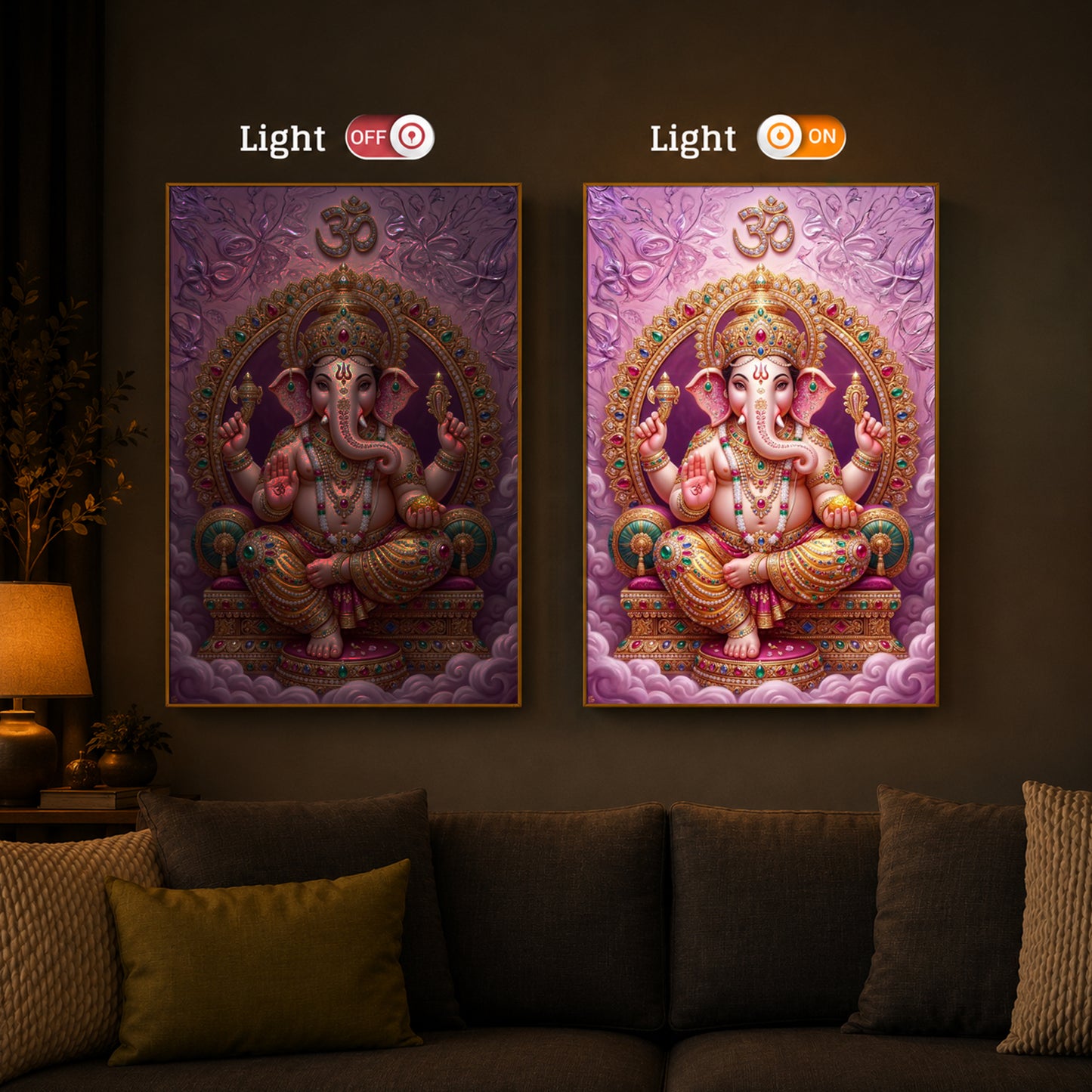 Vakratunda Mahakaya Ganesh Ji Modern Luxury Backlight Vertical Wall Art