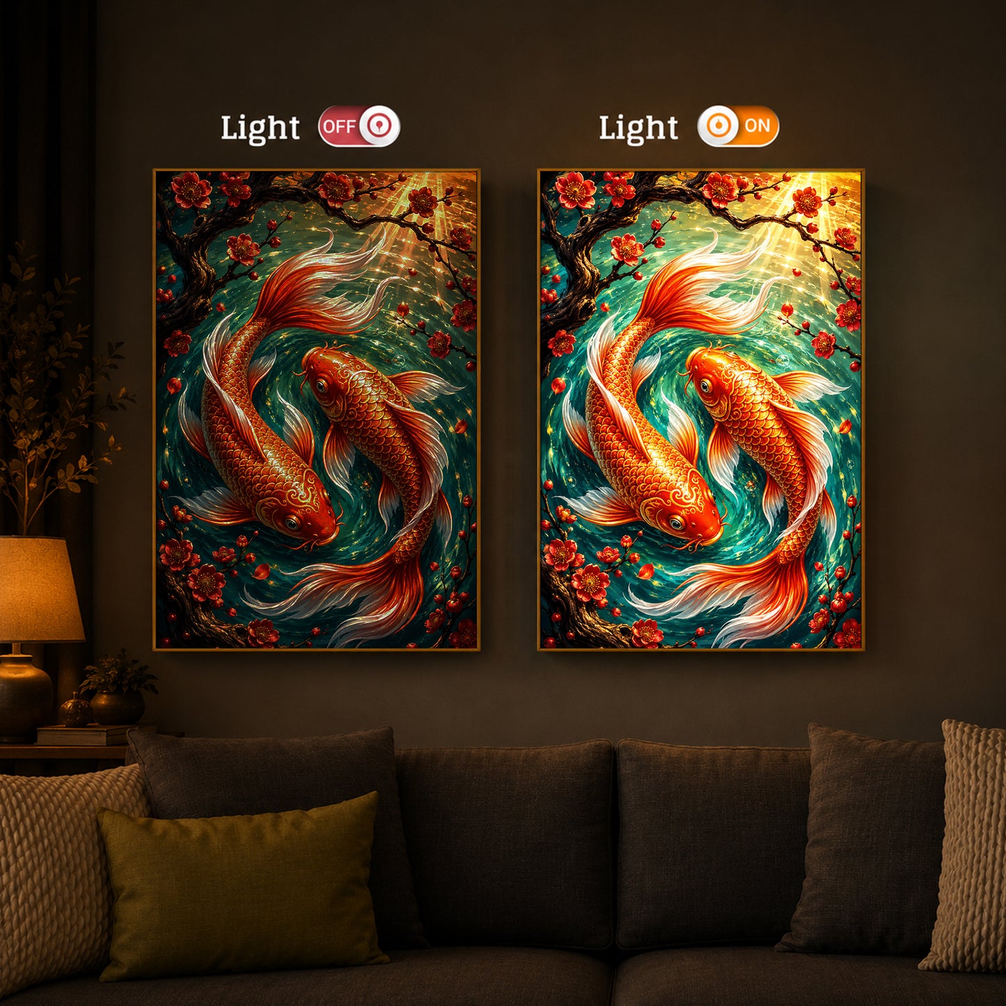 Two Beautiful Koi Fish Modern Luxury Backlight Vertical Wall Art