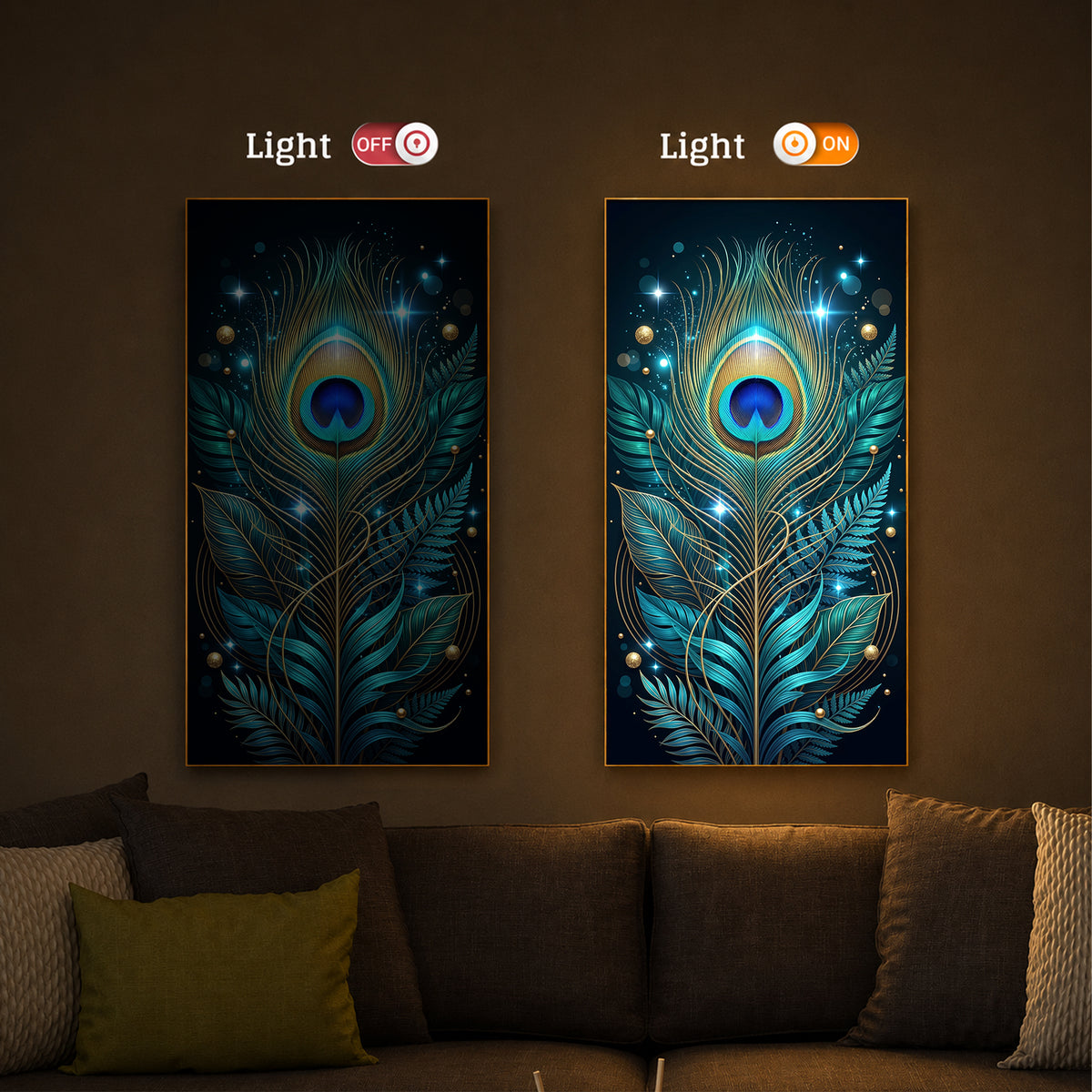 Radiant Peacock Feather Modern Luxury Backlight Vertical Wall Art